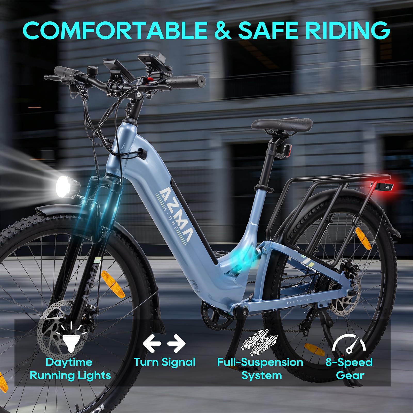 AZMA Bici Elettrica Uomo Donna 27.5" da 48V15AH Batteria Rimovibile, Bicicletta Elettrica Doppio Ammortizzatore, NFC, Manubrio Regolabile 8 Velocità Ebike da per MTB & Pendolari Urbani