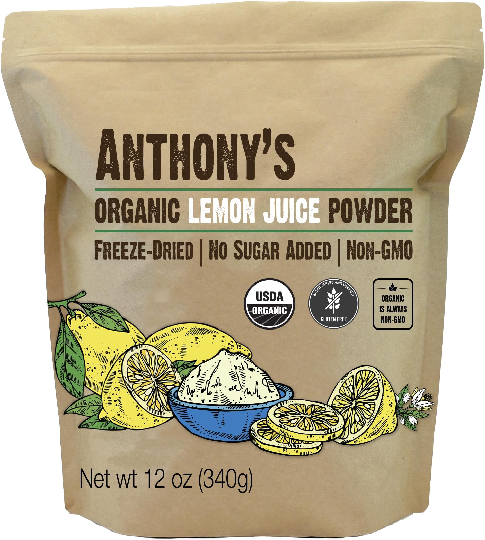 Anthony's Organic Lemon Juice Powder, 12 ounce, Freeze-Dried, Cold Pressed, No Sugar Added, Gluten Free, Non GMO