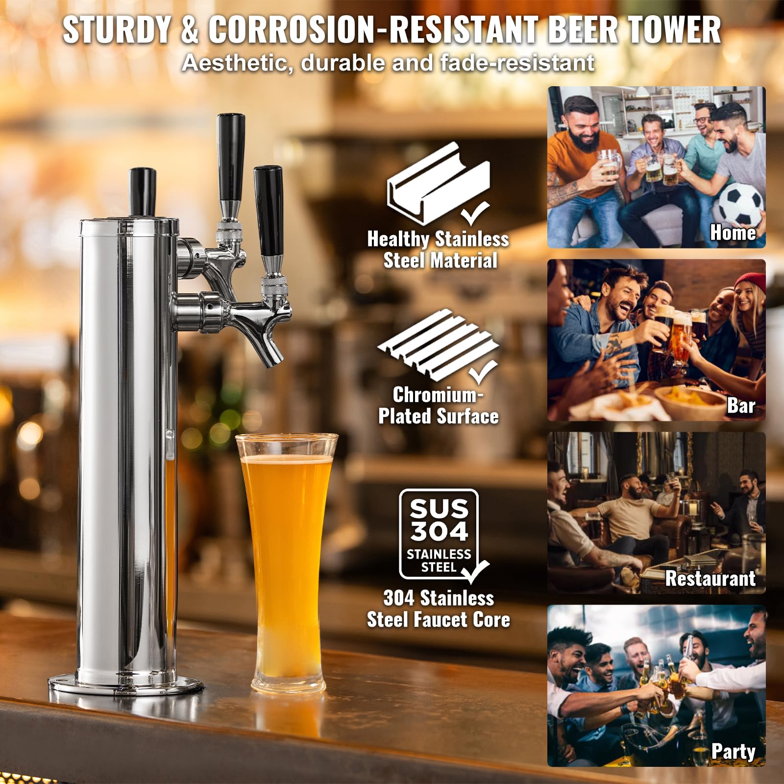 VEVOR Dispenser per Torre Spillatore Birra alla Spina Triplo Rubinetto in Acciaio Inossidabile, Tubi Preassemblati e Canne per Rubinetti a Chiusura Automatica per Feste, Bar, Pub, Ristoranti