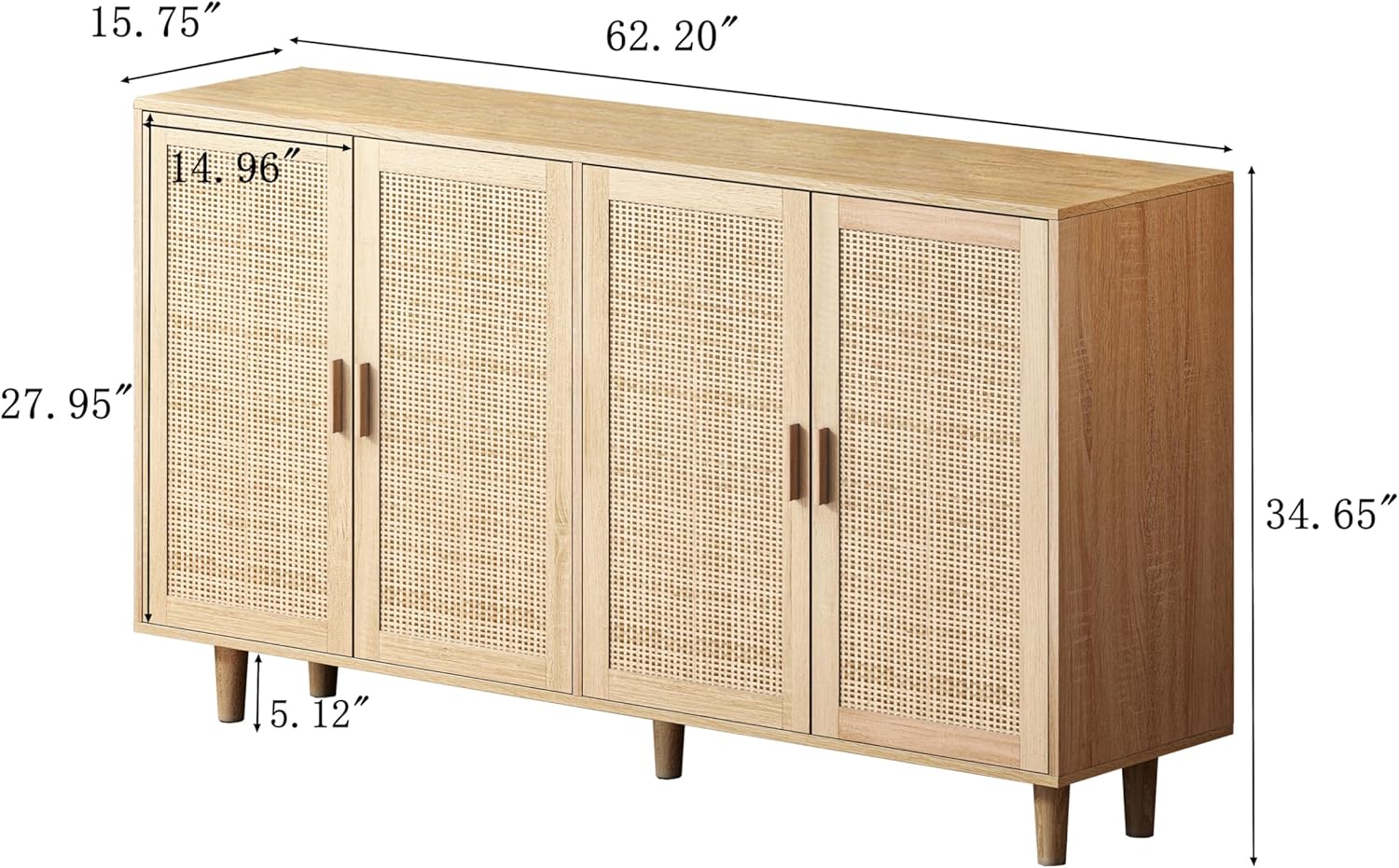 Elegant Rattan Sideboard with Adjustable Shelves, Decorative Cabinet, Functional Storage Sideboard, Wood Accent Sideboard Cabinet, Natural