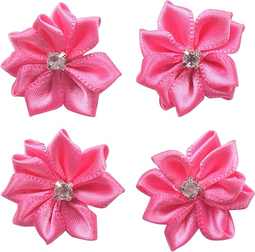 YAKA 60 lazos de satén rosa con lazos de flores con apliques de diamantes de imitación para manualidades, 1.1 pulgadas