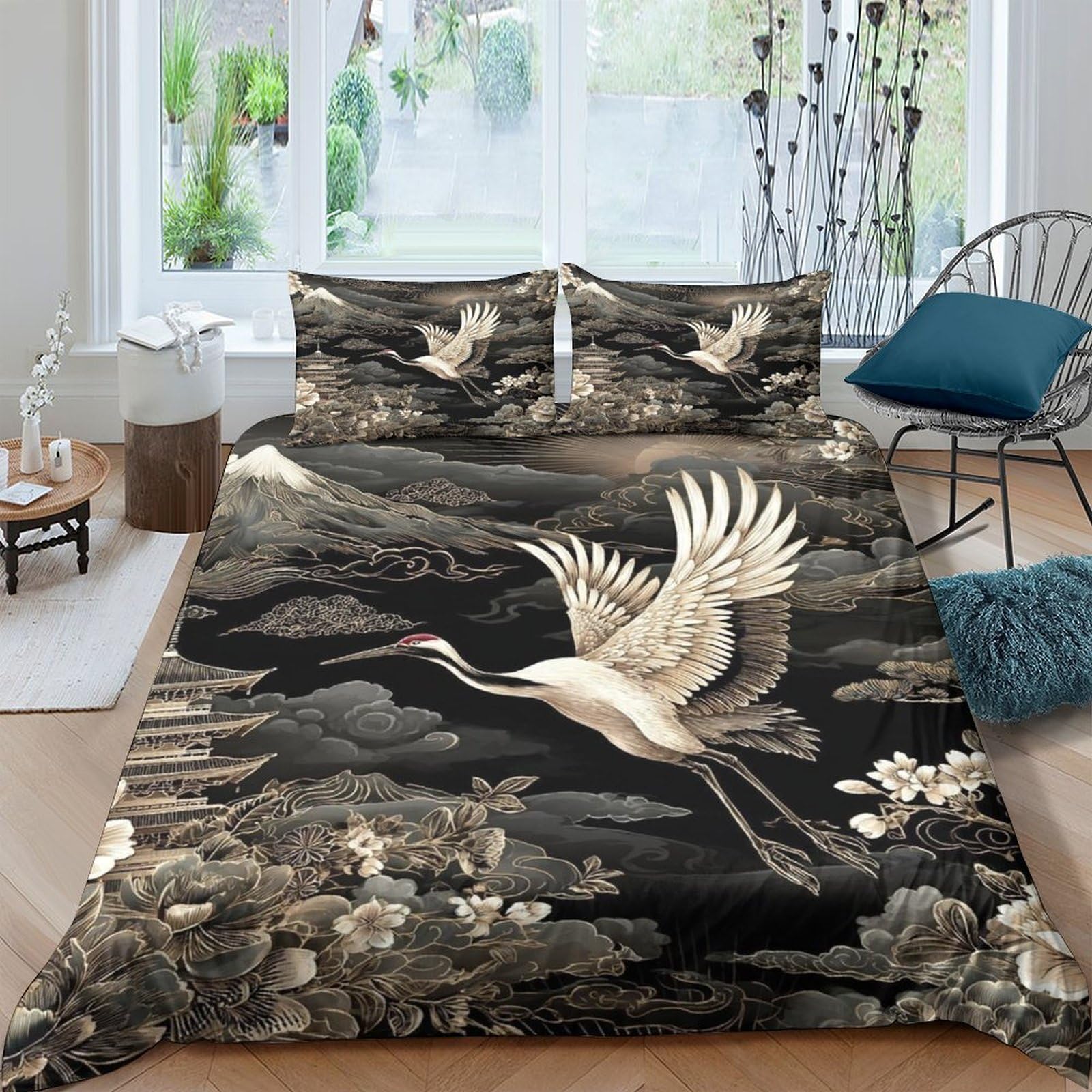 Ctjqhvkz Style-9 3D Printed Japanese Crane Fitted Sheet Microfiber Black Gold Landscape Mattress Cover Bedroom Decor Washable Single（135X200cm）