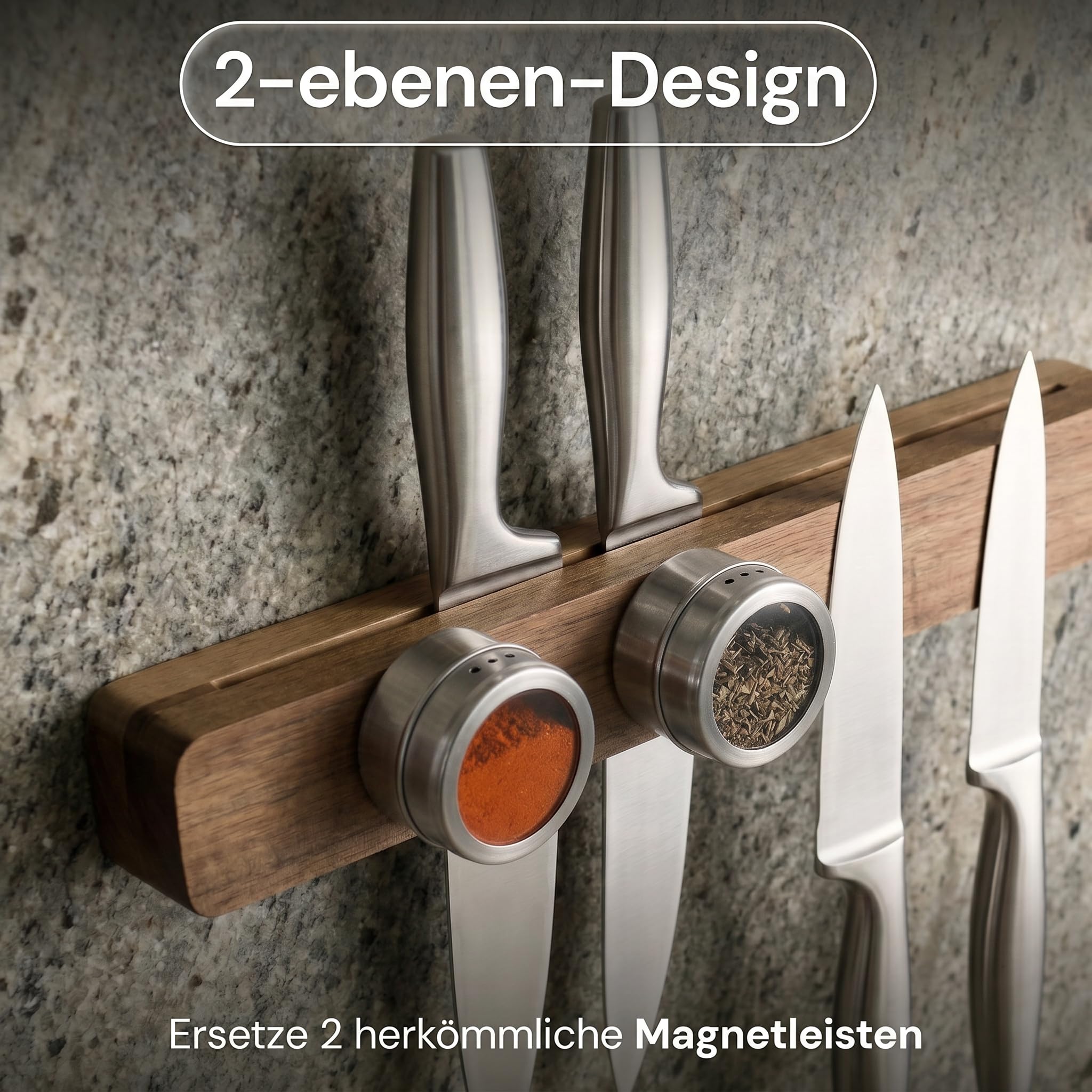 Magnetleiste Messer (41cm) aus echtem Akazienholz – Messerhalter magnetisch für schwere Messer, selbstklebend oder Schrauben – Magnet Messerhalter mit integriertem Schlitz & 3 Gewürzdosen