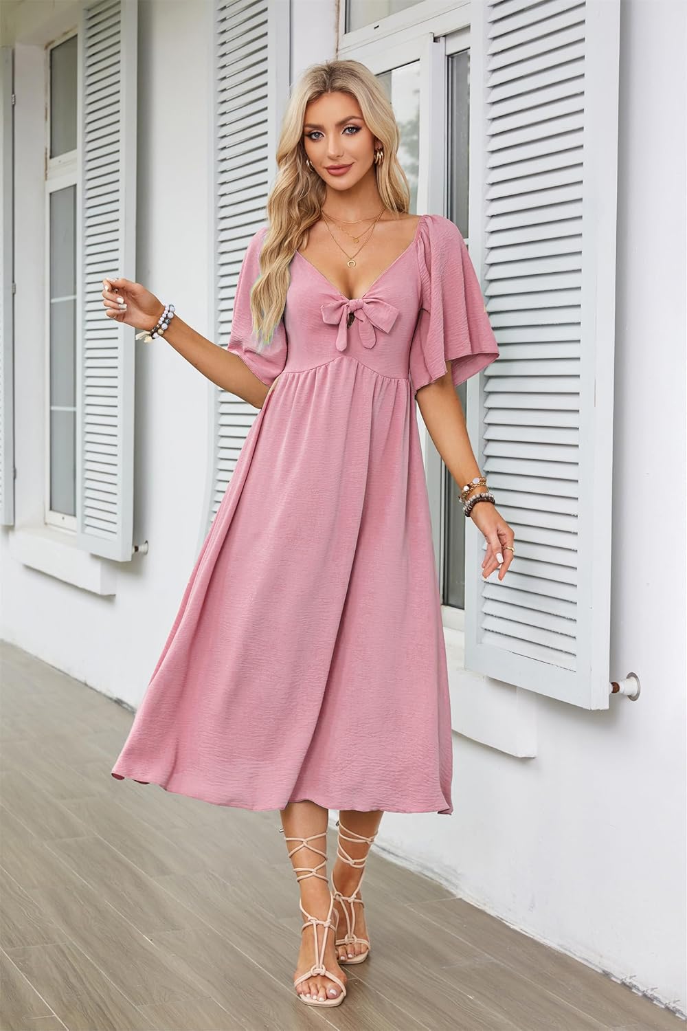GOLDSTITCH Summer Dress for Women 2025 Casual Short Sleeve Bow Tie V Neck Smocked High Waist A-Line Flowy Midi Dress - Image 3