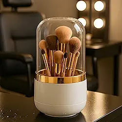 Organizador De Maquiagem Premium Giratório 360°, Com Tampa Acrílica, Divisórias Internas, Base Antiderrapante, Porta Pincel Compacto E Portátil Para Viagem, Marca VARENZIA