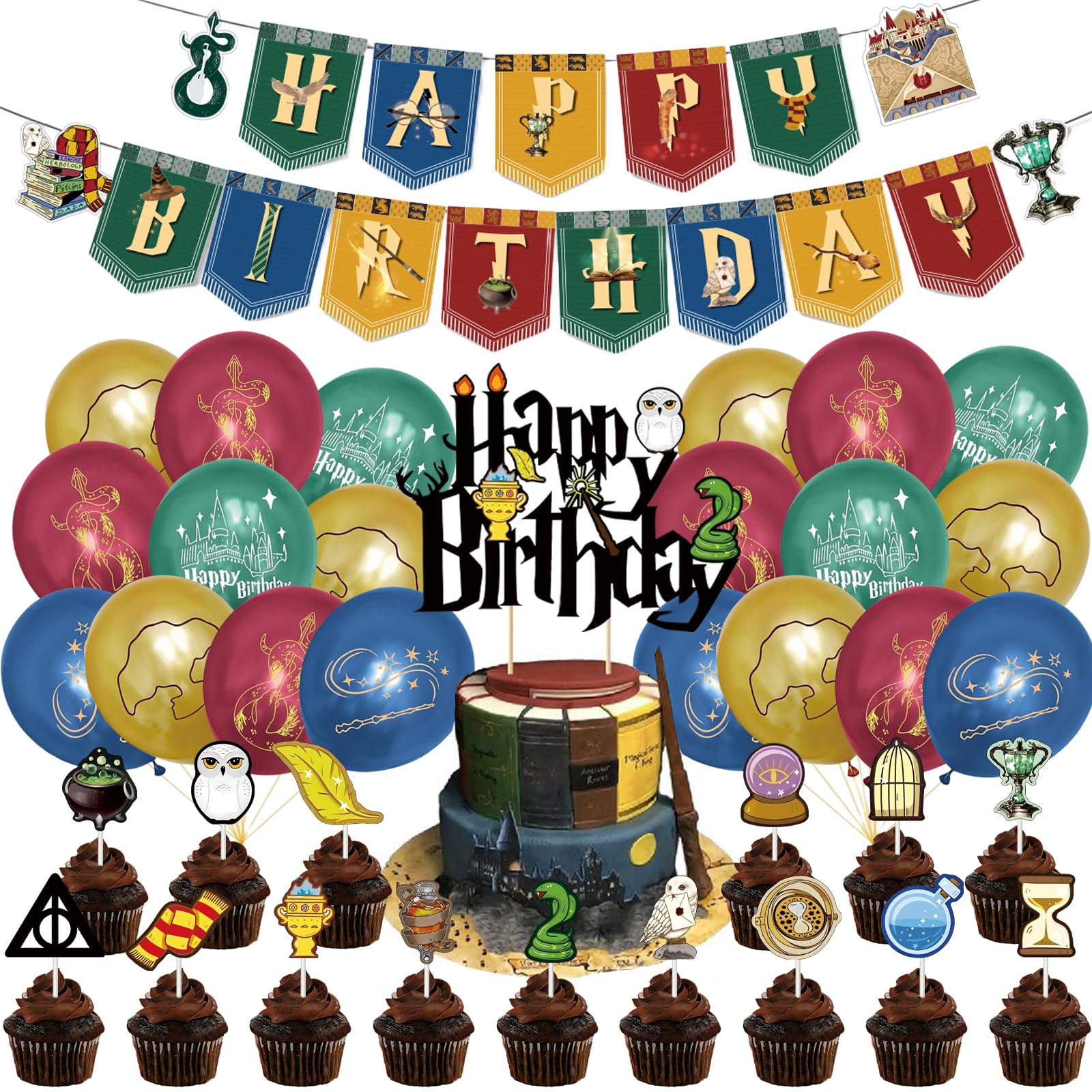 AXERHK Wizard Birthday Party Decoration, 38 PCS Happy Birthday Banner, Balloons, Cake Topper, Ribbon, Magic Theme Party Decorations for Girls Boys