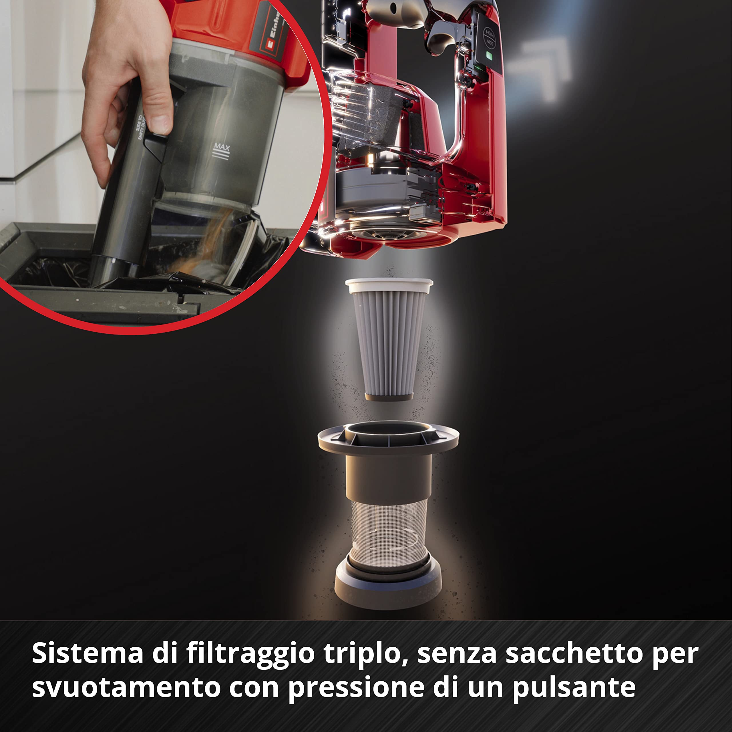 Aspirapolvere con manico a batteria TE-SV 18 Li-Solo Power X-Change di Einhell (ioni di litio, 18 V, senza sacchetto, serbatoio da 0,6 l, tecnologia a ciclone, sistema di filtraggio a 3 livelli)