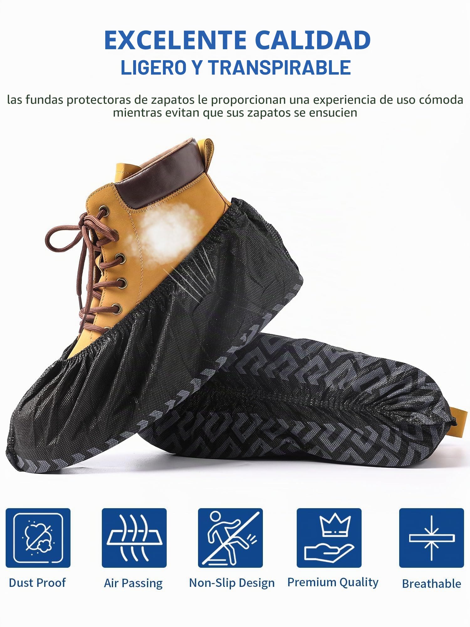 Cubrezapatos negros antideslizantes de tejido no tejido – 100 unidades (50 pares), desechables/reutilizables, con dibujo grip, resistentes a desgarros y desgaste, XL talla única hasta la 47 EU