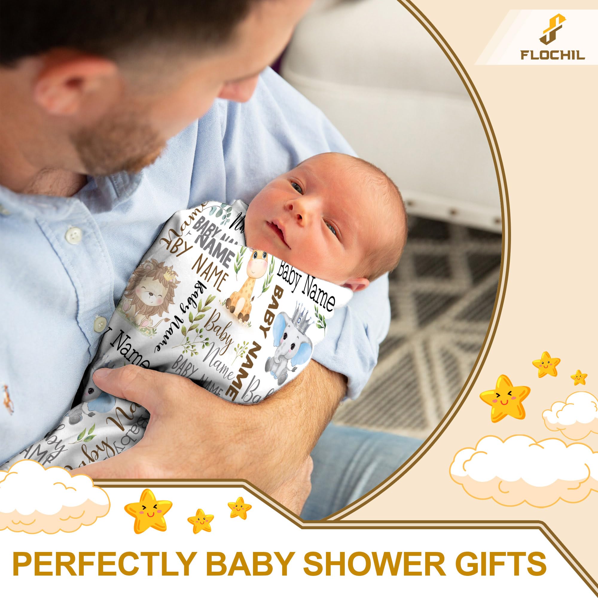 FLOCHIL Personalized Baby Blanket for Boys, Custom Monogrammed Baby Blanket with Name, Gift for Newborn, Baby Shower