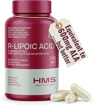 HMS Nutrition Stabilized R-Lipoic Acid 300 mg per Serving Pure R Alpha Lipoic Acid R-ALA High Potency Active R Isomer Antioxidant Nerve & Metabolism Support NSF Certified Non-GMO Vegan 60Capsule