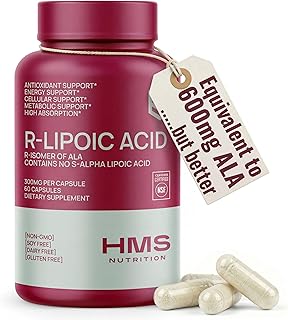 HMS Nutrition Stabilized R-Lipoic Acid 300 mg per Serving — Pure R Alpha Lipoic Acid (R-ALA) High Potency Active R Isomer Antioxidant Nerve & Metabolism Support — NSF Certified Non-GMO Vegan 60Capsule