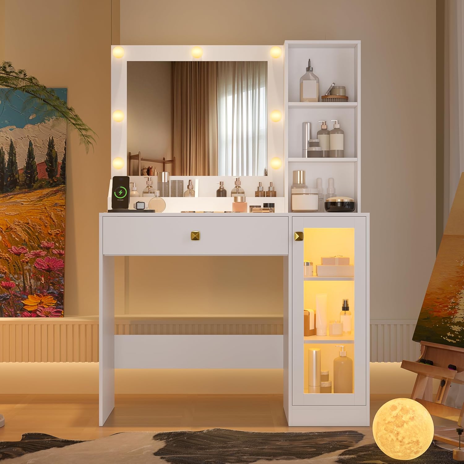 White Vanity Desk with Mirror and Lights, 34" LED Small Vanity Table with Power Outlet & Large Storage Drawers, 3 Color Adjustable Lights, Dressing Table for Bedroom & Apartment