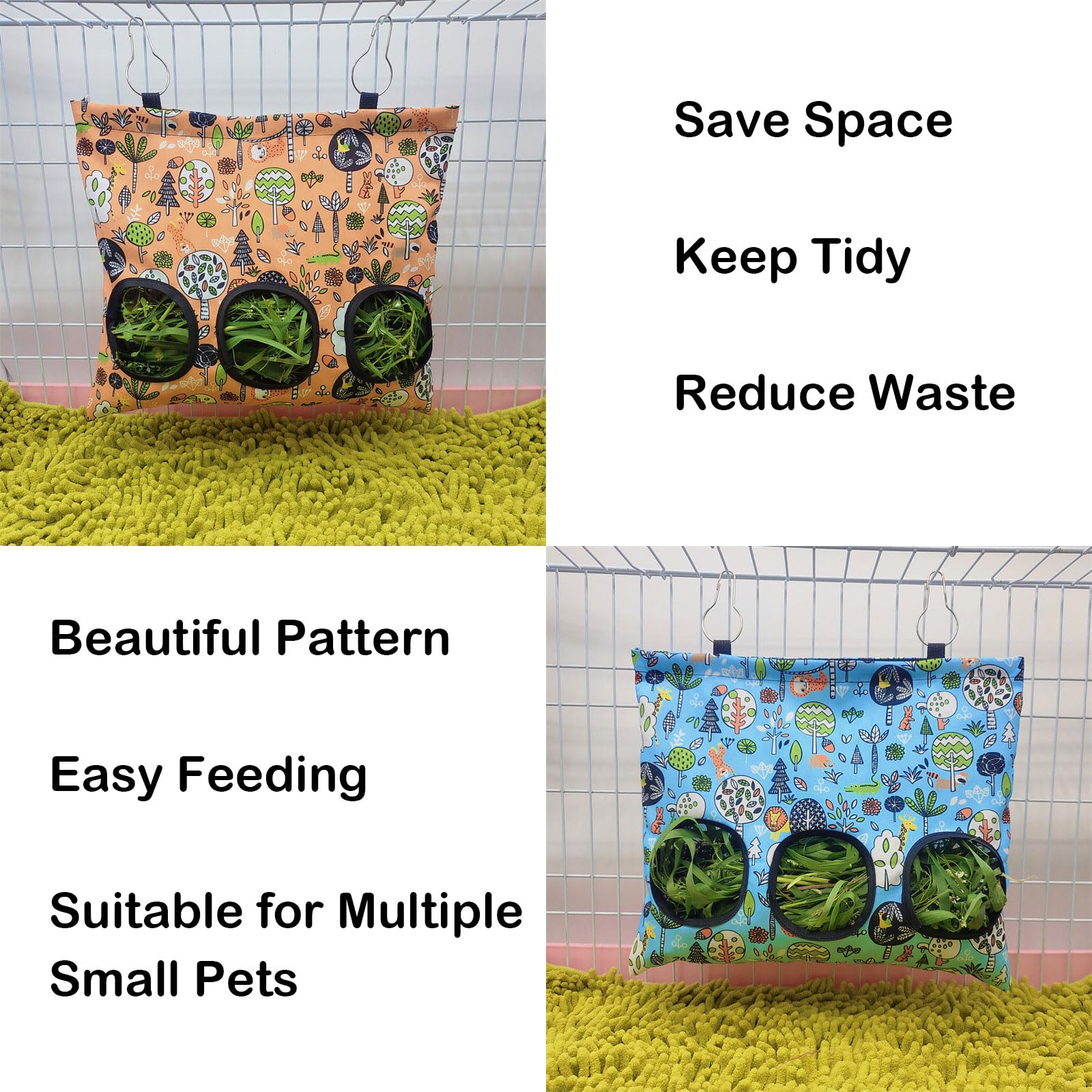Rabbit Hay Feeder Bag, Guinea Pig Hay Feeder for Cage Small Animal Hanging Feeding Bags Rabbit Hay Dispenser Storage for Rabbits Guinea Pigs Bunnies Chinchillas (Orange,Light Blue, 3 Hole) - image 3