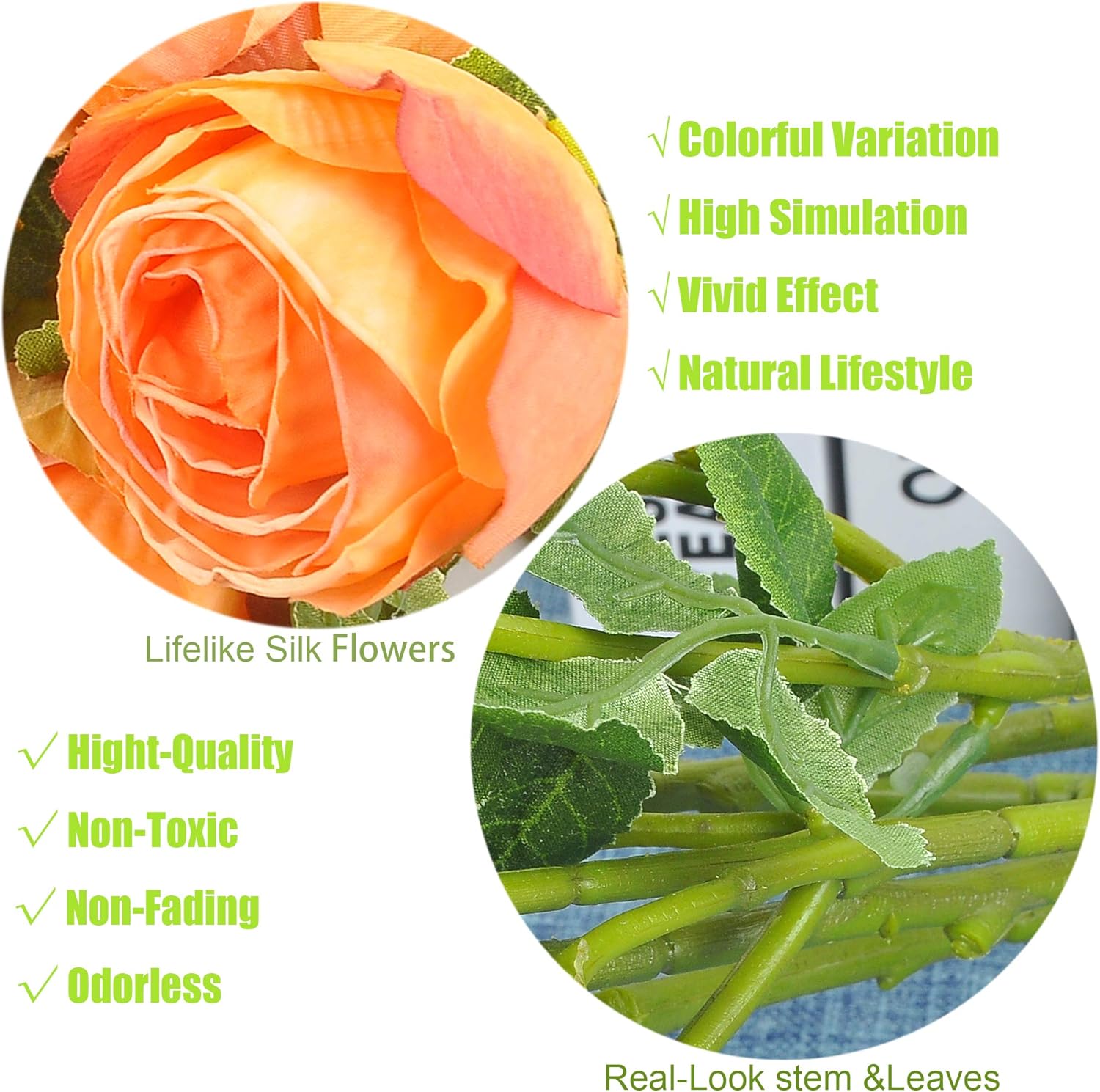 Dried Flower Artificial Rose 6pcs 24 Inch Long Stem Silk Rose with 5 Flowers for Wedding DIY Bridal Bouquet Home Decor Centerpiece Arrangement(Orange)