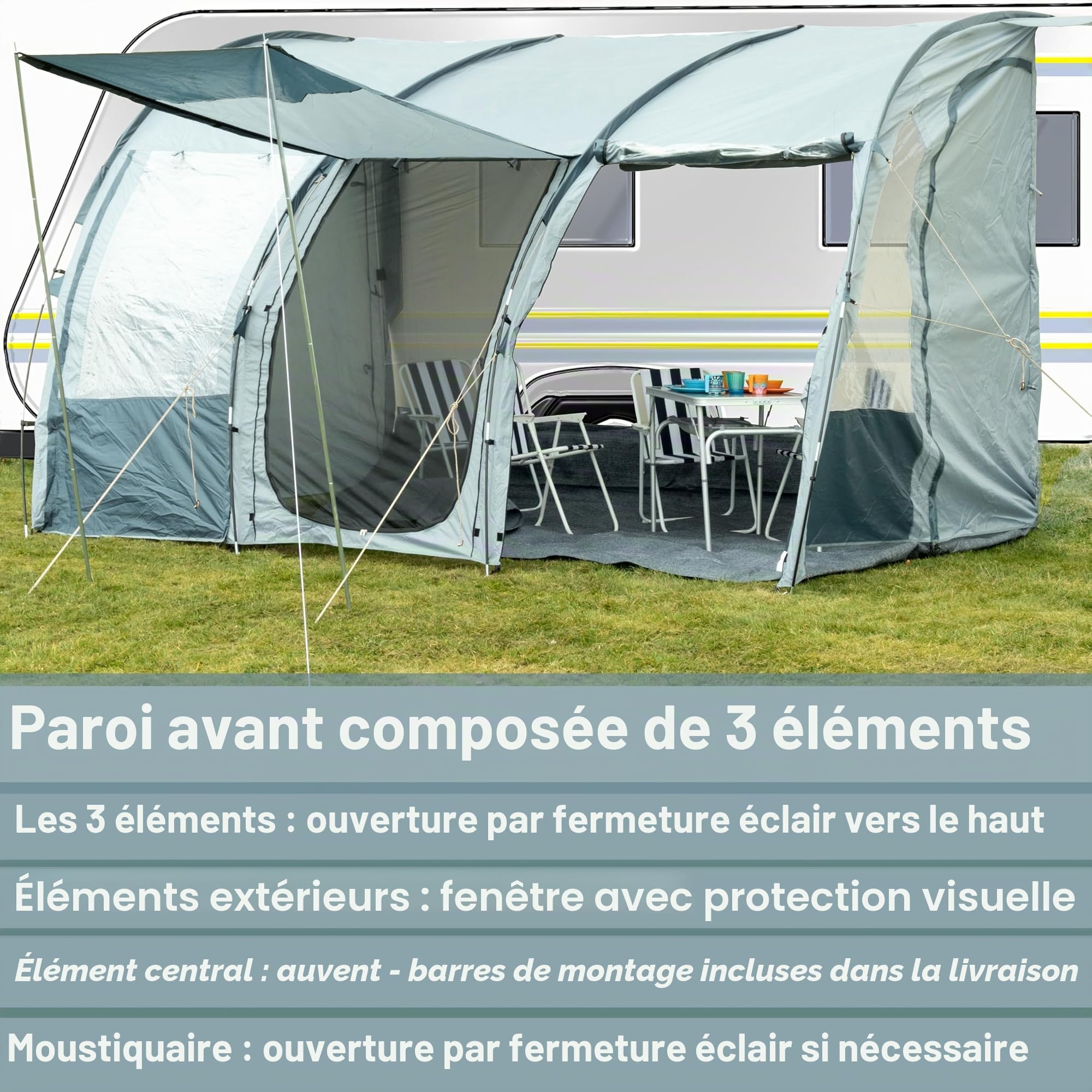 Auvent 390 x 260 x 245 cm pour caravane, camping-car, camping, fibre de verre et armature en aluminium, 5000 mm, étanche