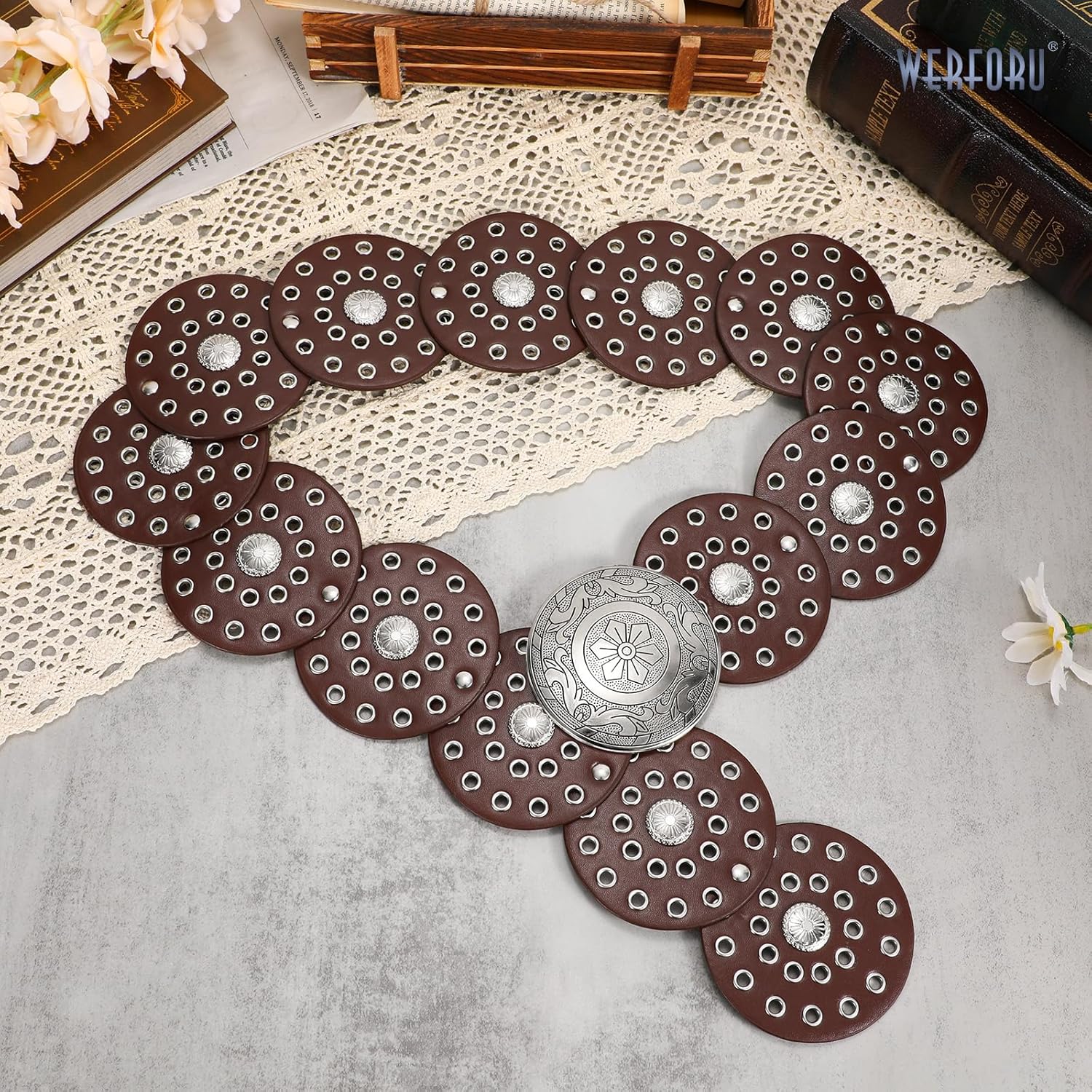 WERFORU Women Wide Western Disc Belt Cowgirl Boho Leather Belt for Jeans Dress