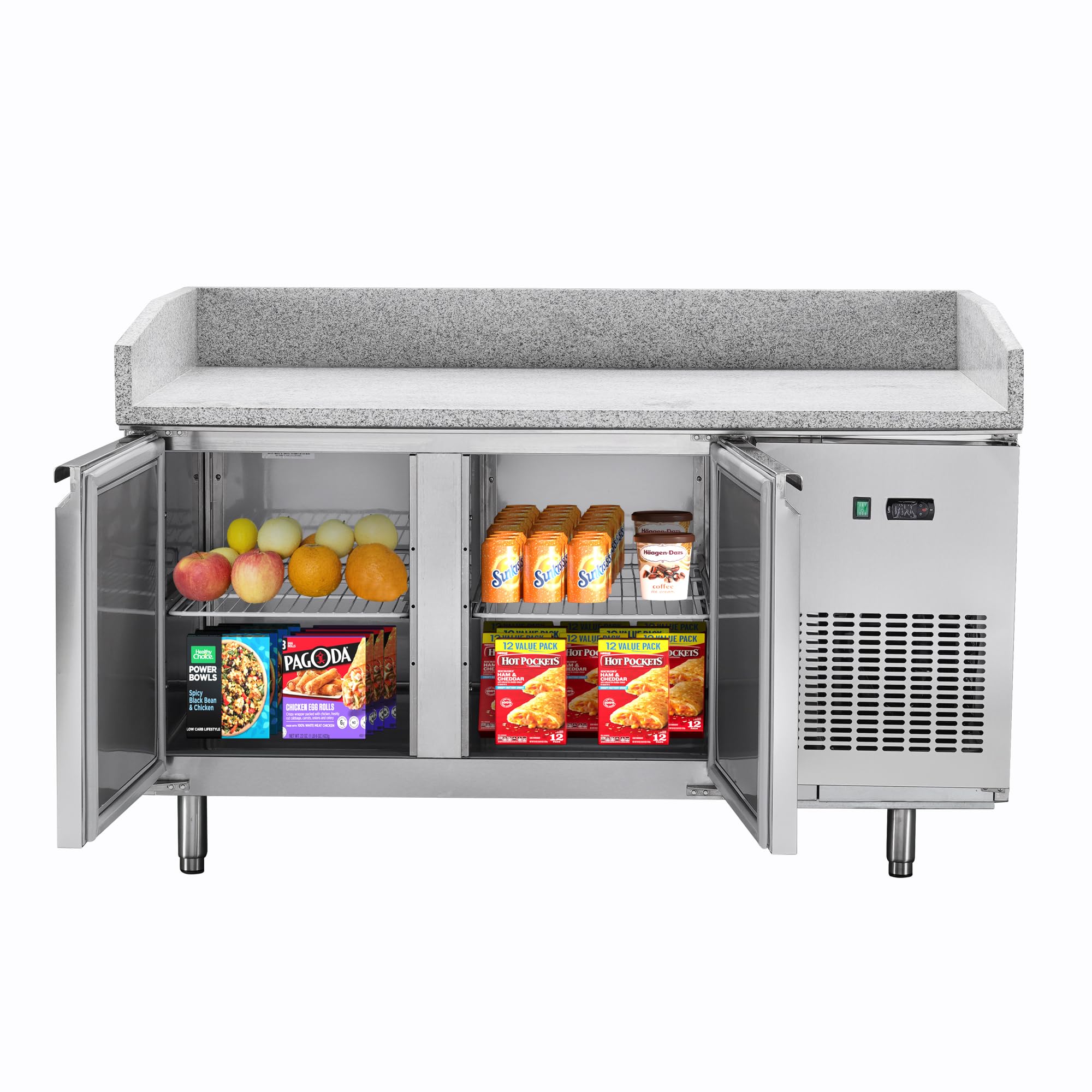 METRO Professional Mesa refrigerada para pizzas GPT2100, acero inoxidable, 200 W, 241 L, 2 puertas, compatible con GHS2150, plata