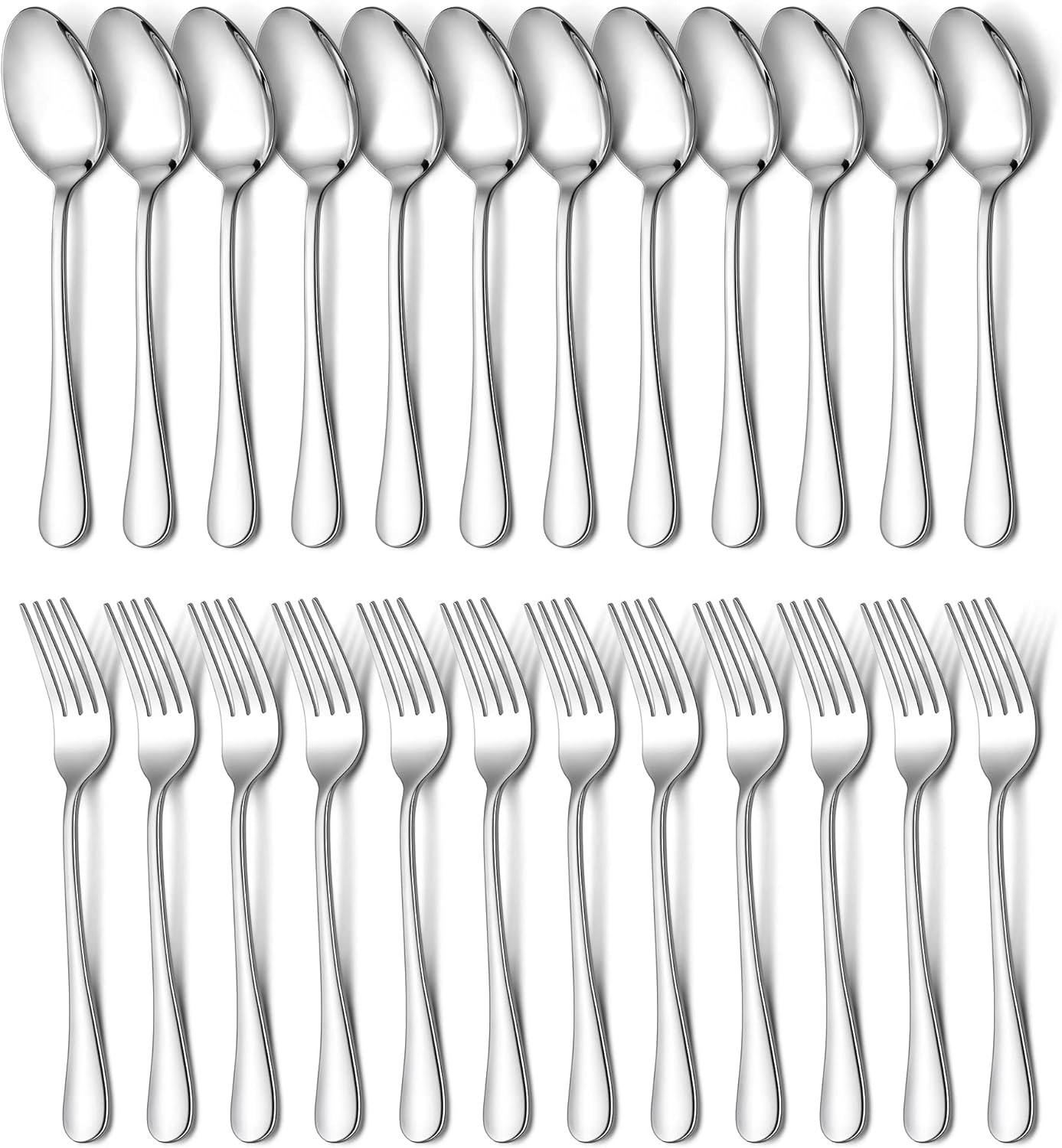 E-far 24-Piece Dinner Forks and Spoons, Stainless Steel Silverware Flatware Eating Utensils Set for Home Kitchen Restaurant, Food Grade Metal & Simple Design, Mirror Finish & Dishwasher Safe, 8 Inch