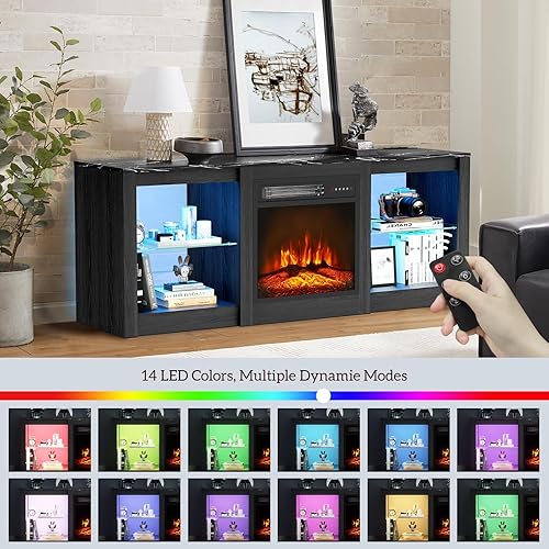 Miniatura 2 de Soporte de TV de 58 pulgadas con insertos de chimenea de 18 pulgadas, centro de entretenimiento LED para televisores de hasta 65 pulgadas, consola