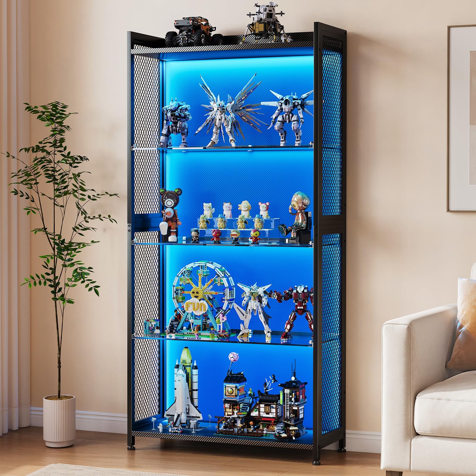 Coleshome 4-Tier Open Display Cabinet with RGB LED Light, Black