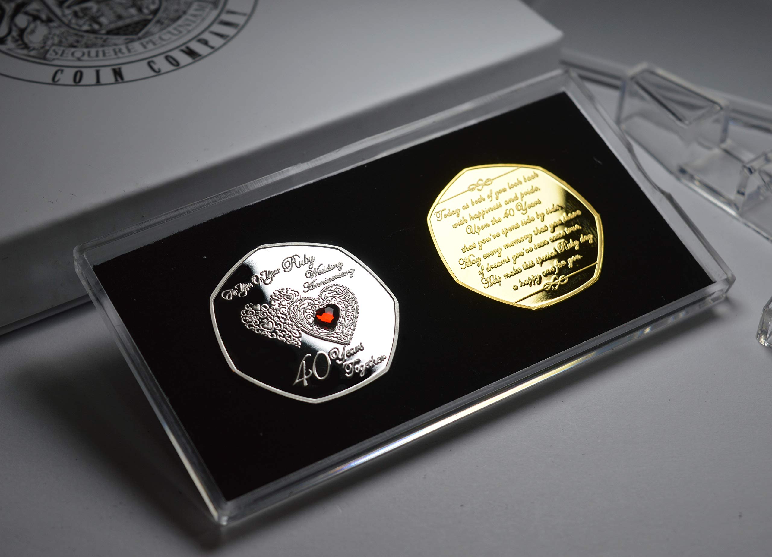 The Commemorative Coin Company Pair of 40th RUBY WEDDING ANNIVERSARY Silver & 24ct Gold Gemstone Commemoratives in Display Case & Gift Box. Gift/Present. 40 Years Together. Husband/Wife/Parents