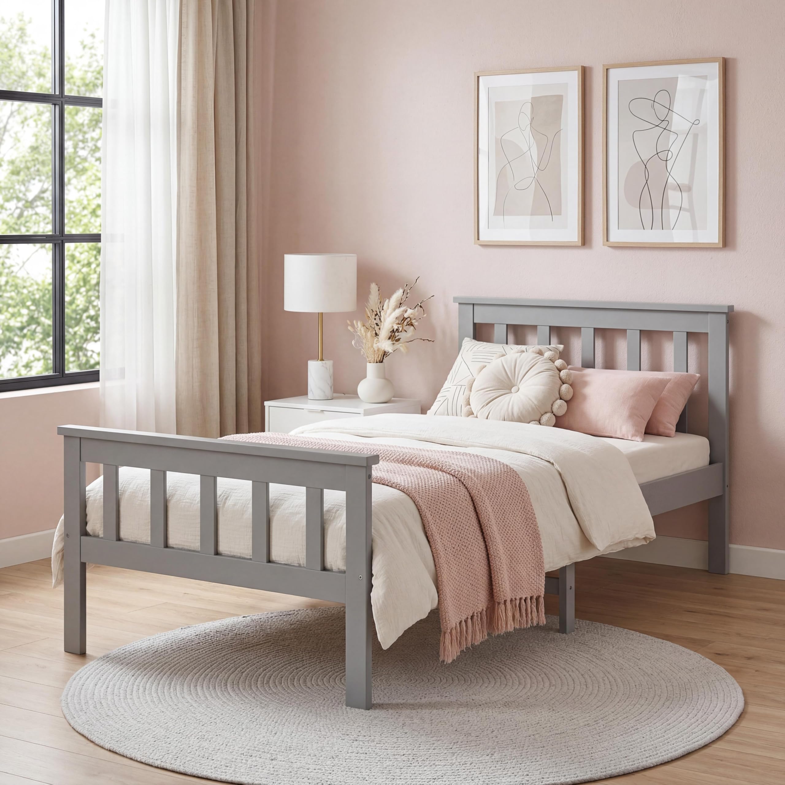 Panana Single Bed Frame, Solid Wood Bed Frame Standard 3ft Single Size Wooden for Bedroom (Grey)