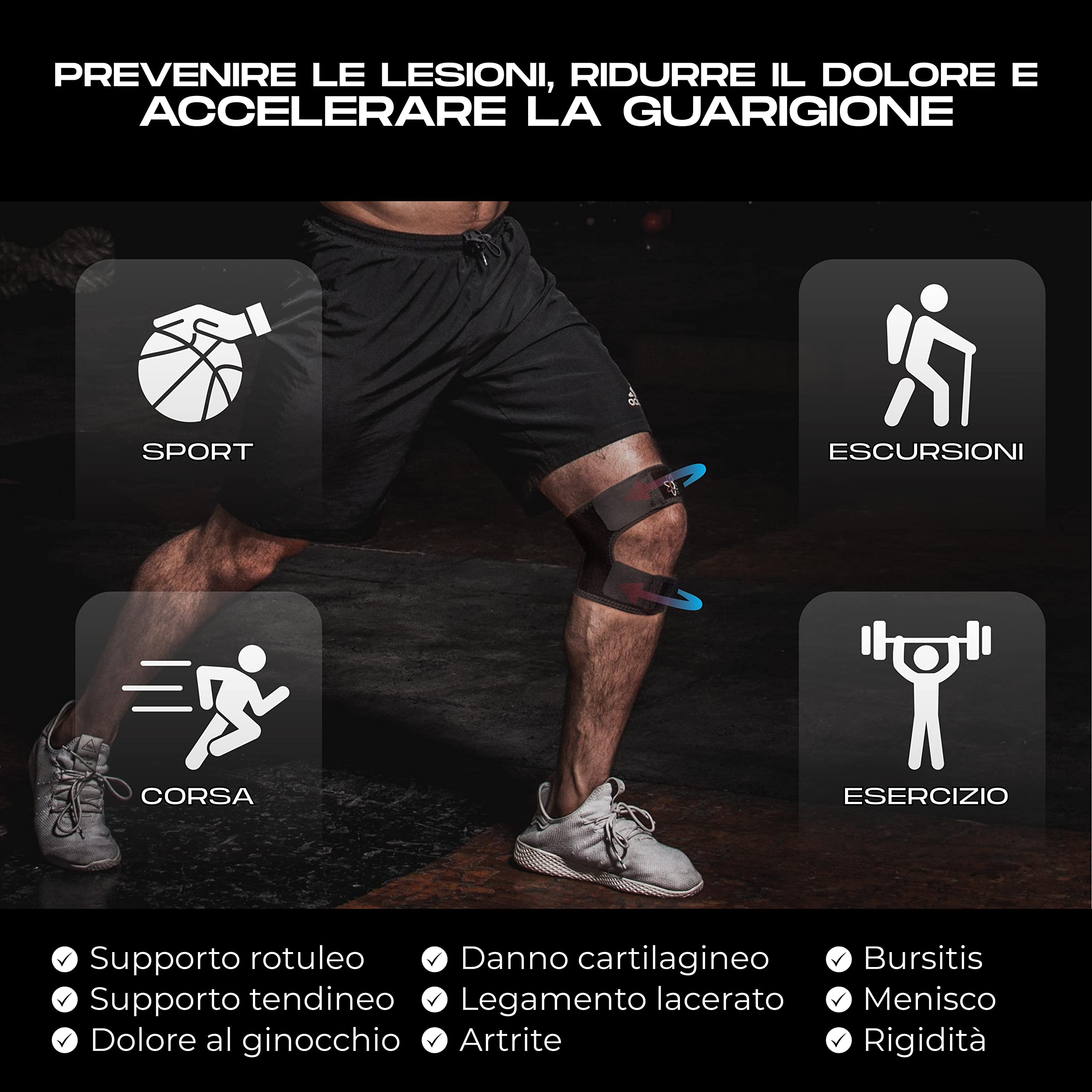 Ginocchiera Rotulea - Tutore Ginocchio - Recupero Veloce Fascia Ginocchio Rotuleo - Fascia Elastica Ginocchio Palestra - Tutore Ginocchio Rotula per Sport, Padel, Calcio, Bodybuilding