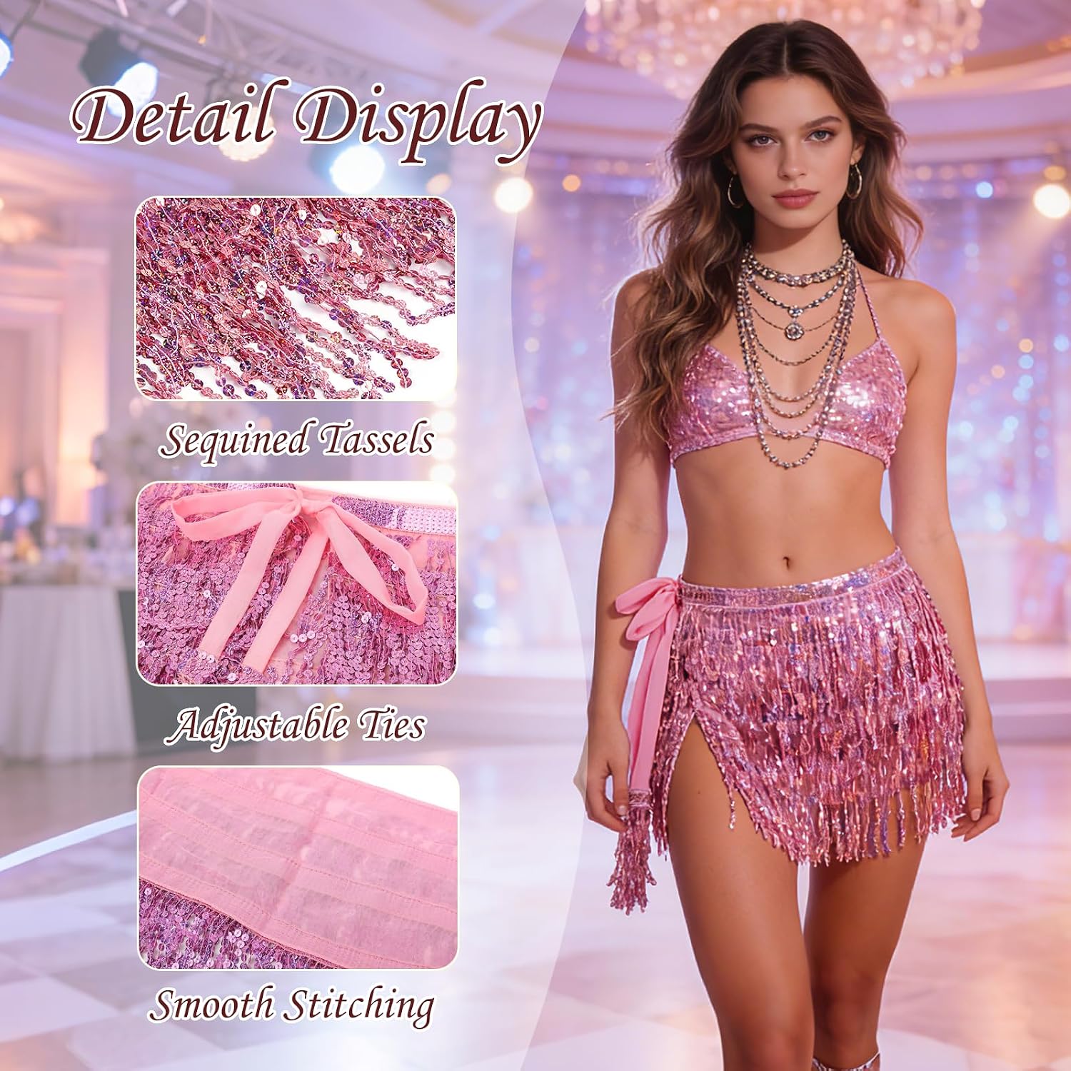 Women's Sequin Tassel Skirt Glitter Sparkly Fringe Hip Scarf, Wrap Belly Dance & Rave Costume, Disco Party Outfit for Women