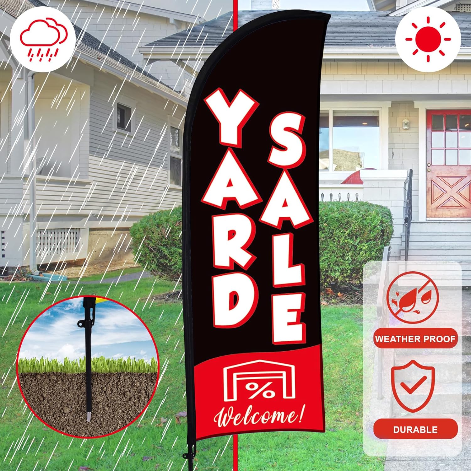 Buryeah 2 Sets Yard Sale Feather Flag Sign Kit 7 ft Yard Sale Banners Swooper Flag with Fiberglass Poles and Point Stake for Business Advertising Outside Ground (Black)