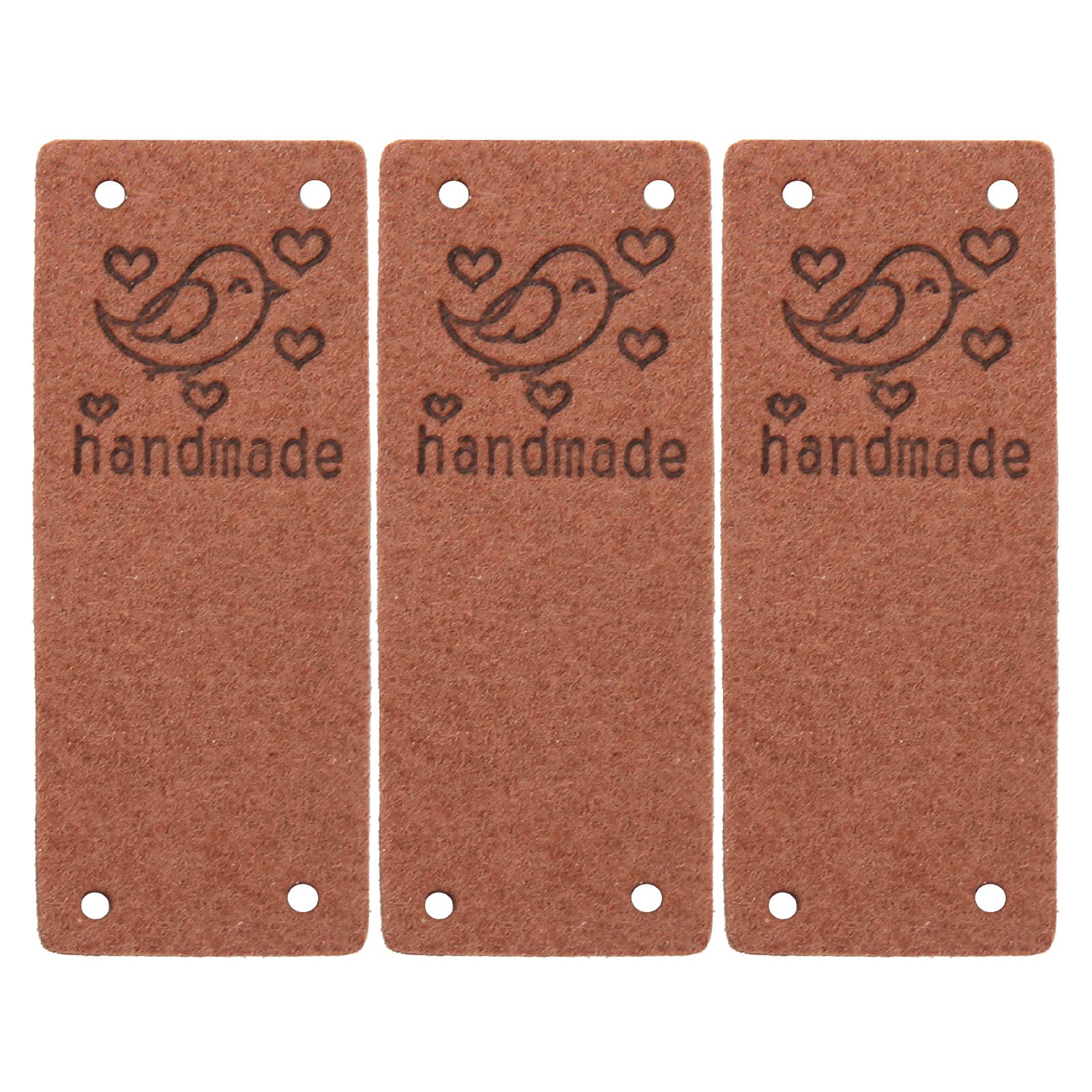 100pcs Handmade Leather Labels, Leather Labels with Love Hearts and Bird Handmade Embossed Crochet Tags with Holes for Crafts Knitting Sewing Hats Purses Clothing(Brown)