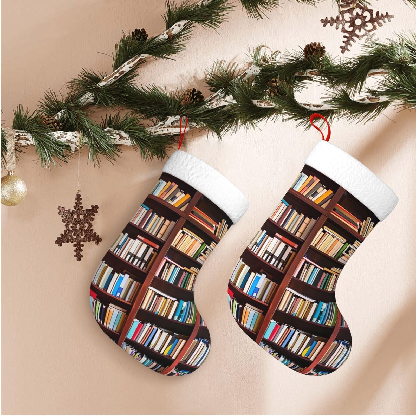 17.7" Christmas Stocking 1 Piece, Books Xmas Stockings with White Plush Cuff Fireplace Hanging Stocking for Christmas Holiday Party Decoration