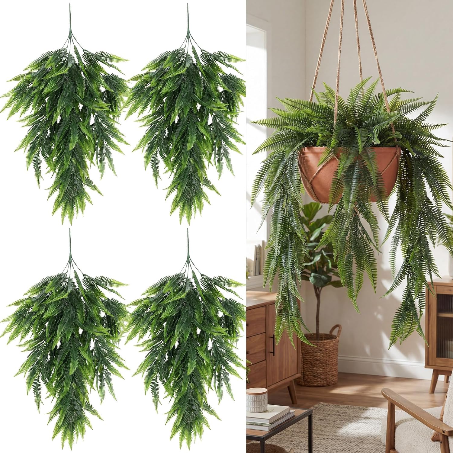 6 Pcs Artificial Outdoor Plants 32 Inch Hanging Boston Fern Faux Plastic Plants Fake Fern Vines Fake Ivy Vines UV Resistant for Wall Room Garden Wedding Garland Indoor Office