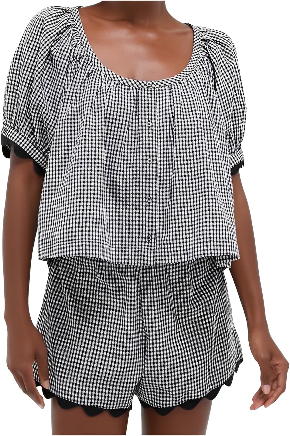 VAOYIU Two Piece Sets for Women Casual Summer Gingham Outfit Puff Sleeve Crew Neck Top Matching Shorts Set with Scalloped Hem