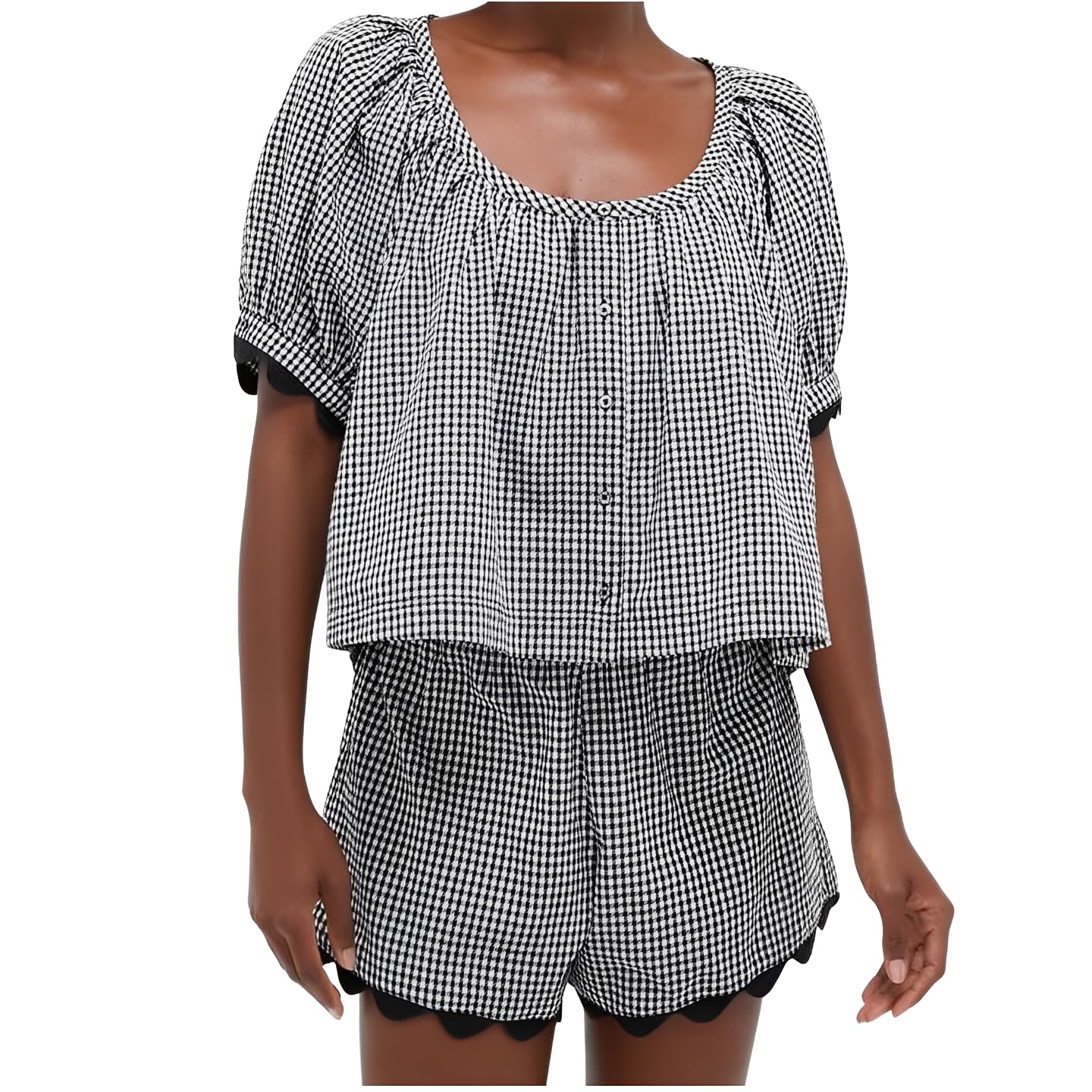 Two Piece Sets for Women Casual Summer Gingham Outfit Puff Sleeve Crew Neck Top Matching Shorts Set with Scalloped Hem-image-44