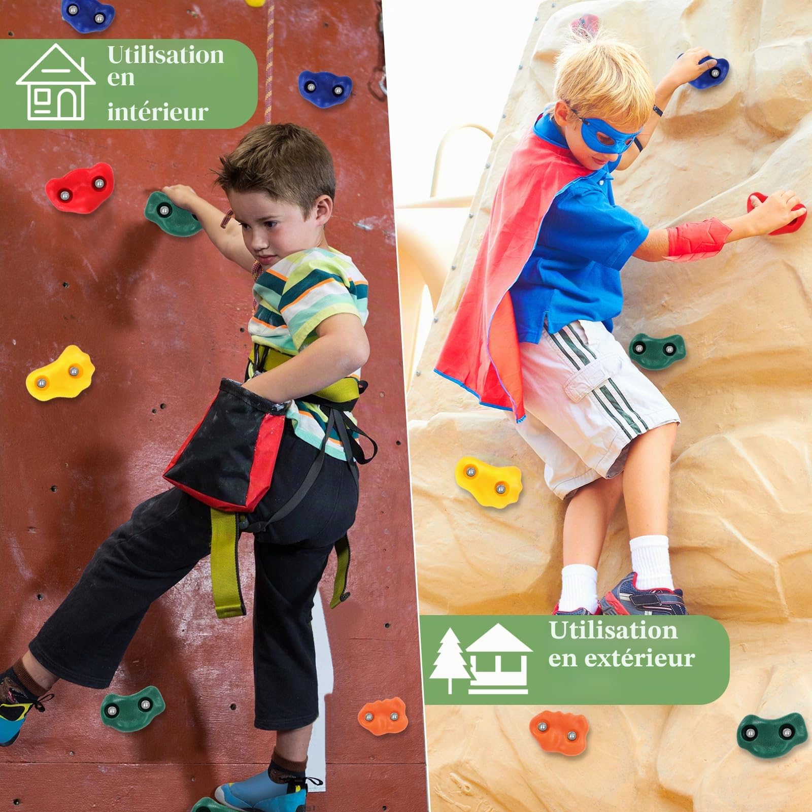 20pcs Prise Escalade Enfant Exterieur, Mur Escalade Enfant Exterieur avec 270cm Corde Nouée D'escalade et 2pcs Vert Poignées Maintien Aire de Jeux, Rock Climbing Holds pour Intérieur et Extérieur