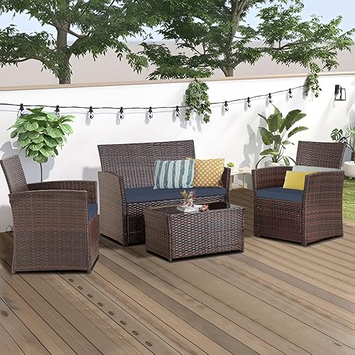 Miniatura 8 de FHFO Juego de muebles de patio al aire libre de 4 piezas, juego de sofá seccional de conversación, mesa y sillas de ratán y sofá biplaza con cojines