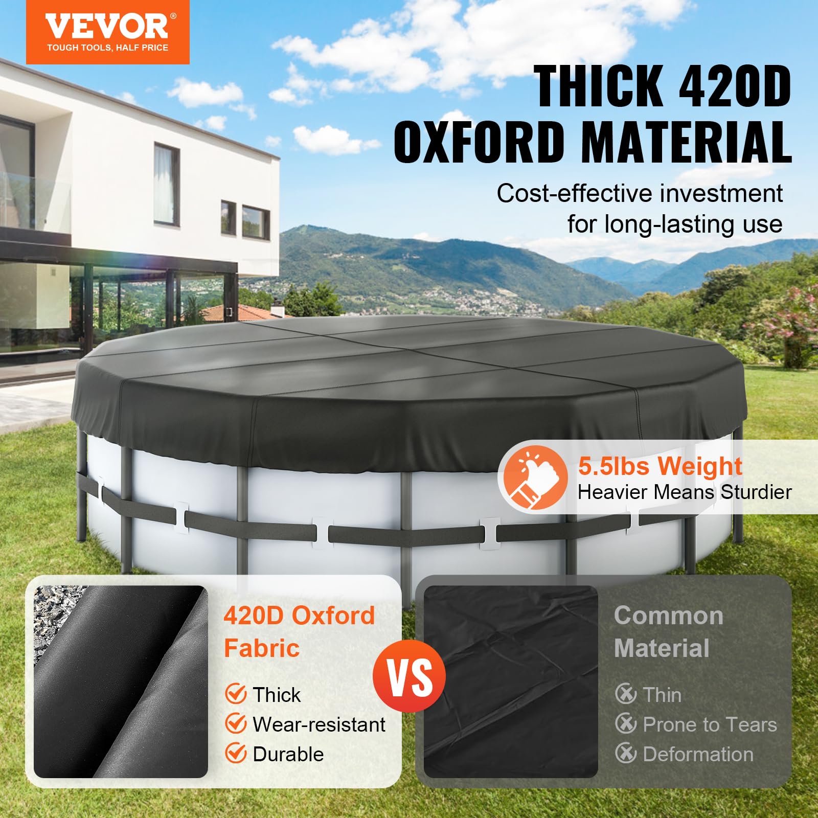 VEVOR Cobertor Redondo para Piscina Cobertor Solar para Piscina elevada 4,57m Cobertor de Seguridad para Invierno Tela Oxford 420D Cordón Impermeable Resistente al Sol para protección de Piscina Negro