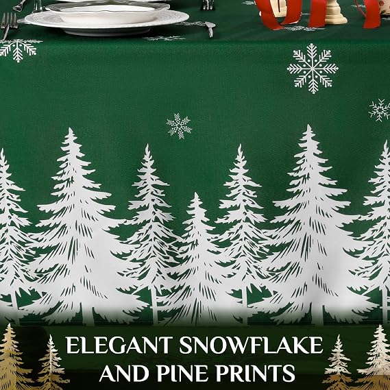Softalker Christmas Table Cloth Rectangular Green 140x200 cm Xmas Tablecloth Wipe Clean Snowflakes & Tree Table Cover Water Resistant Tablecloths for Party Holiday Winter Decorations Dining Kitchen