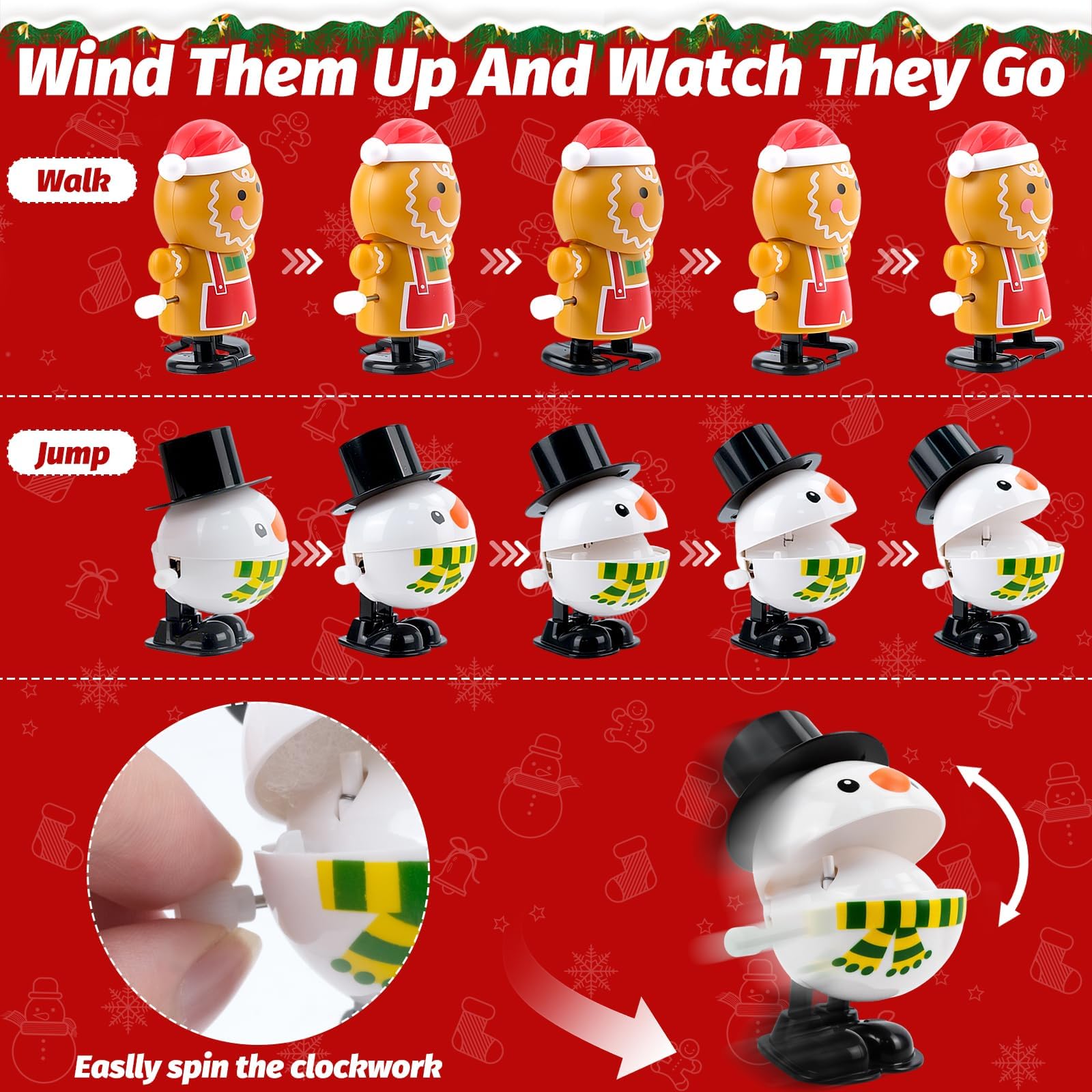 Lot De 12 Jouets à Remonter De Noël – Père Noël, Renne, Bonhomme De Neige, Pingouin – 7cm, PVC Sans Toxines