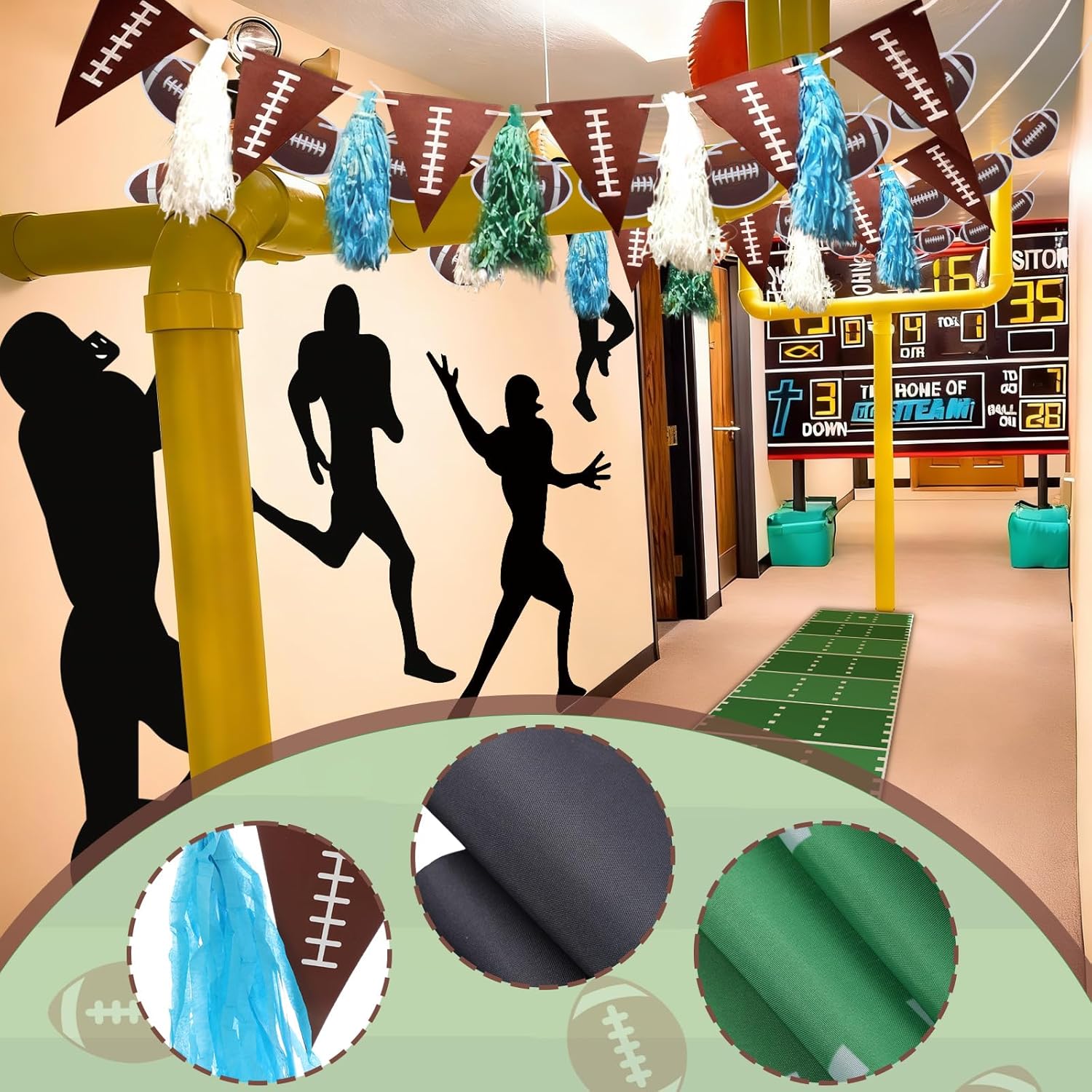 15 Pcs Football Party Classroom Decorations 9.8 ft Field Aisle Rug, Black Pitching Decoration, Pennant Rugby Flag and Rugby Flag, Football Party Supplies for Classroom Sports Favors