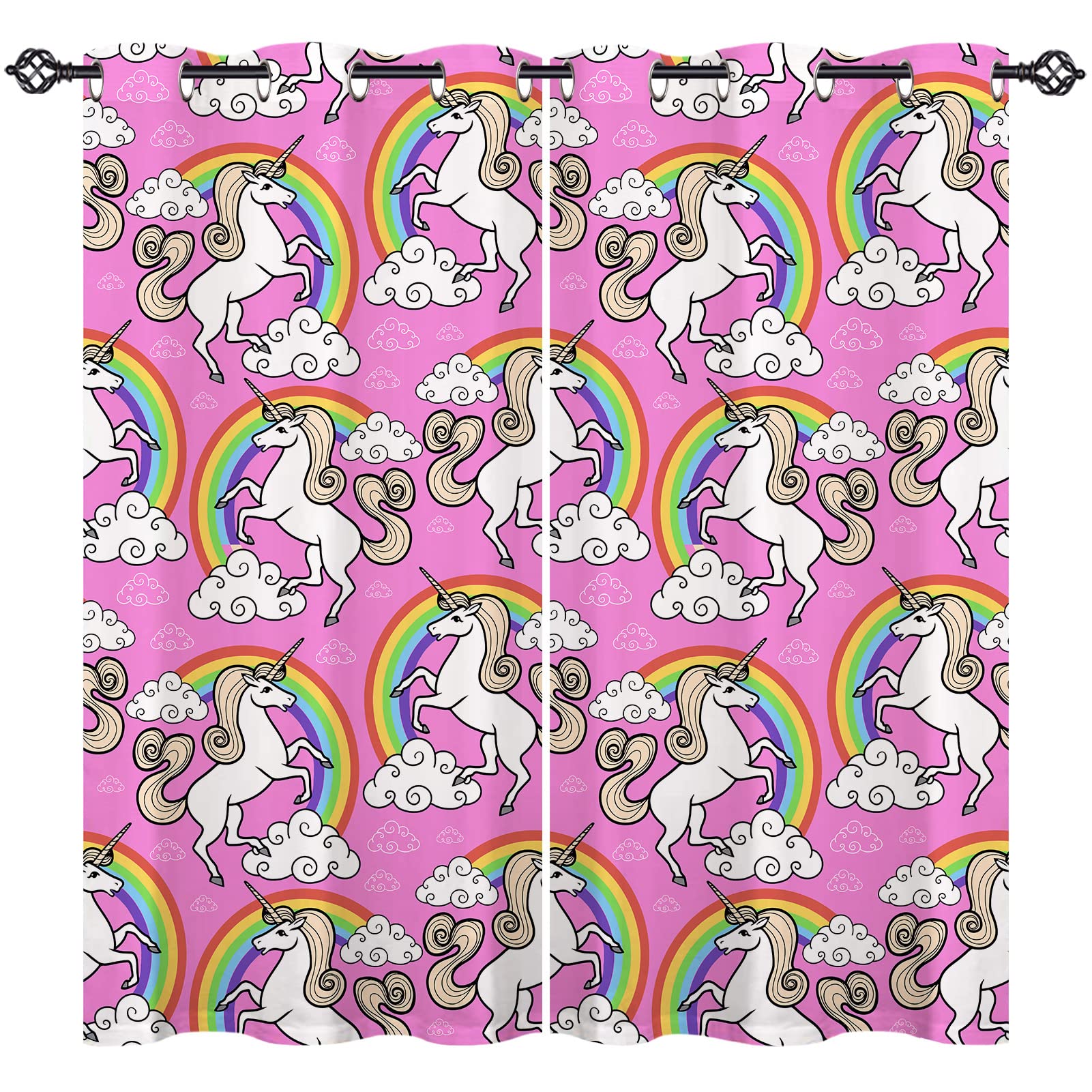 ANHOPE Unicorn Curtains Grommet Blackout Room Darkening Curtains with Cartoon Unicorn Rainbow Clouds Print Pattern Light Blocking Window Drapes for Kids Girls Bedroom Living Room 2 Panels 52 x 84 Inch