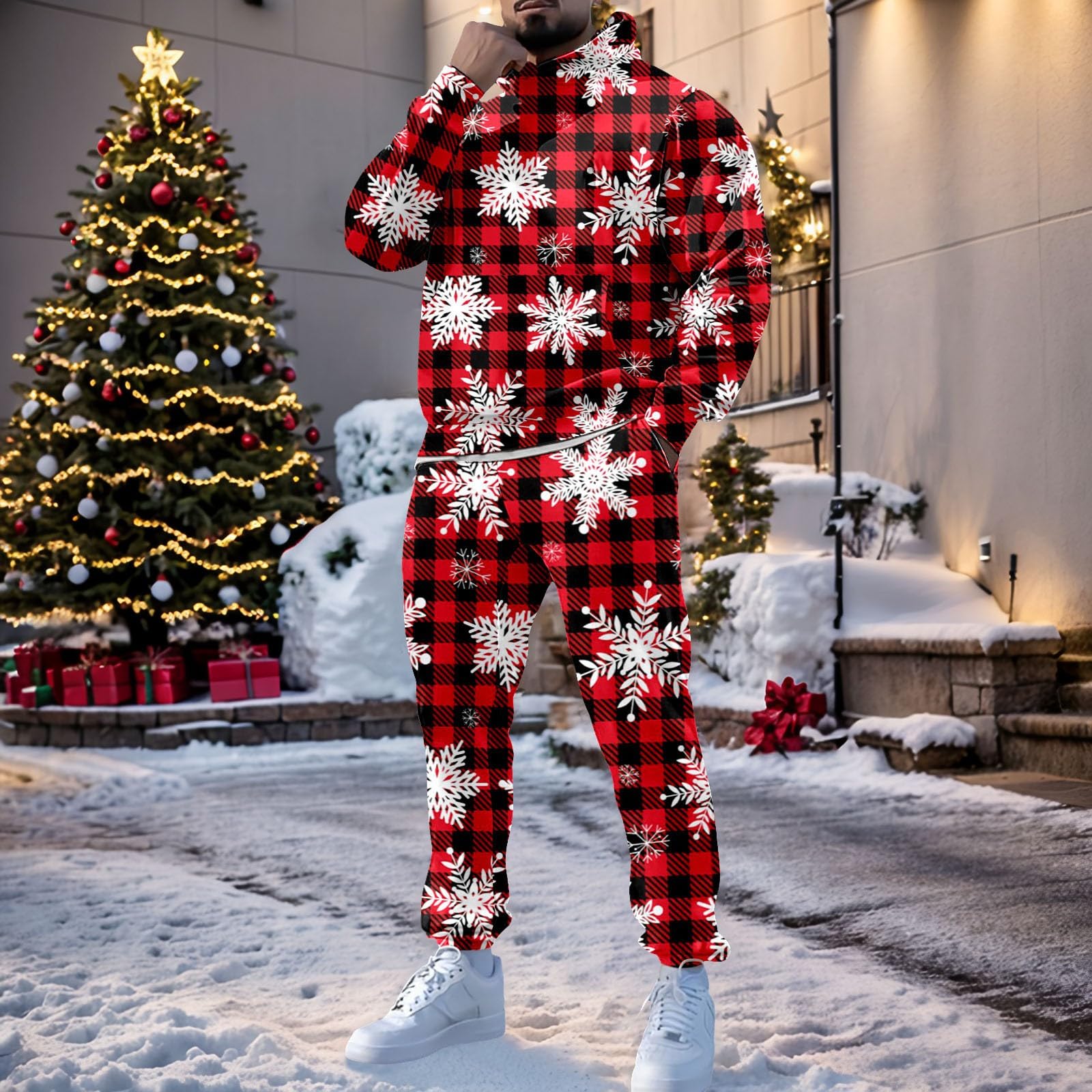 Generisch Maglione natalizio da uomo, set di 2 pezzi, set di magliette abbinate, tuta da allenamento, in due pezzi, comoda felpa con cappuccio