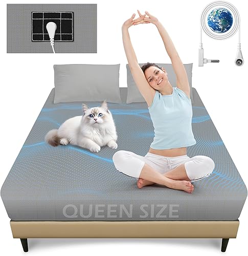 Grounding - Sábana bajera ajustable tamaño Queen, con 5% fibra de plata pura + 95% algodón orgánico, juego de sábanas conductoras de tierra con