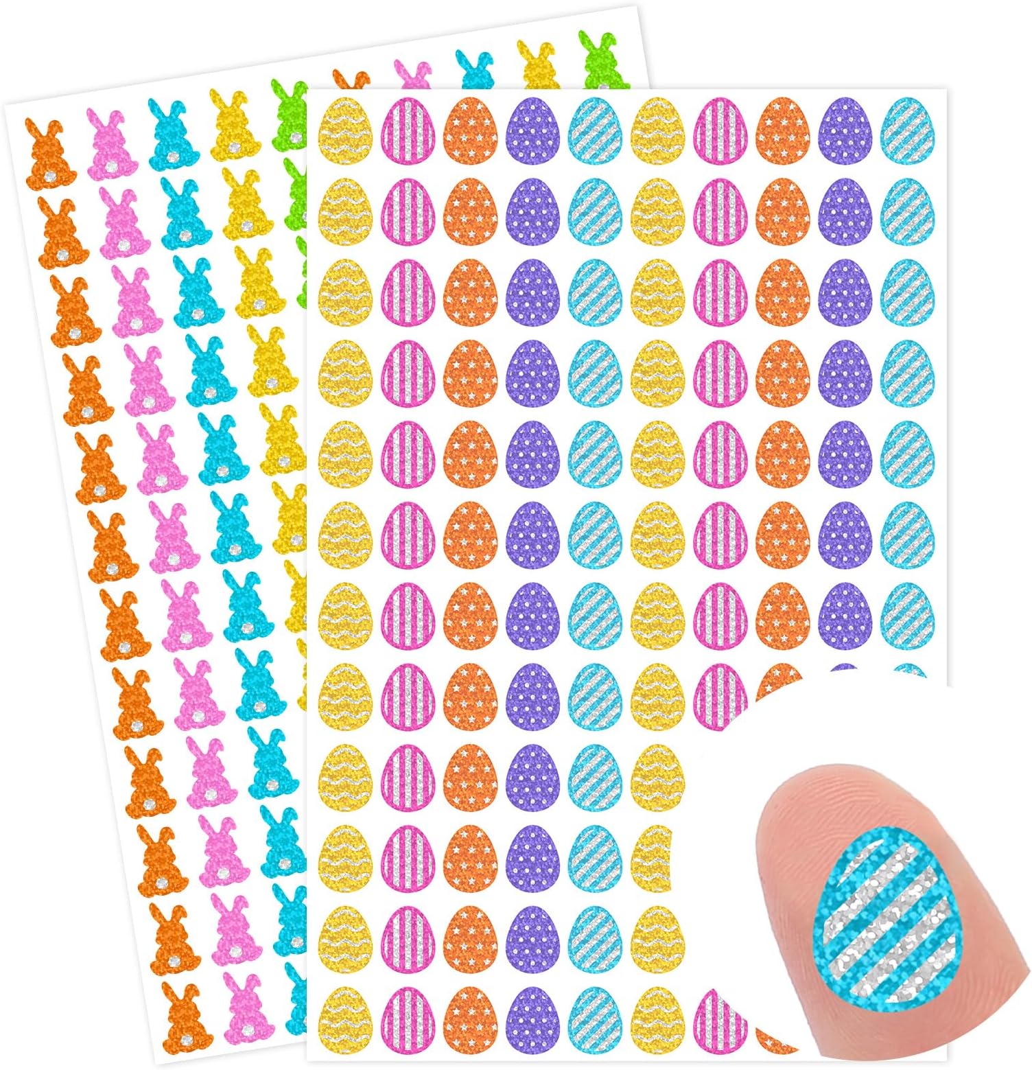JarThenaAMCS 2400 Pcs Easter Mini Stickers Colorful Sparkly Holographic Easter Egg Bunny Rabbit Self-Adhesive Sticker Decals for Planner Reward Envelope Scrapbook DIY Supplies, 0.5 Inch