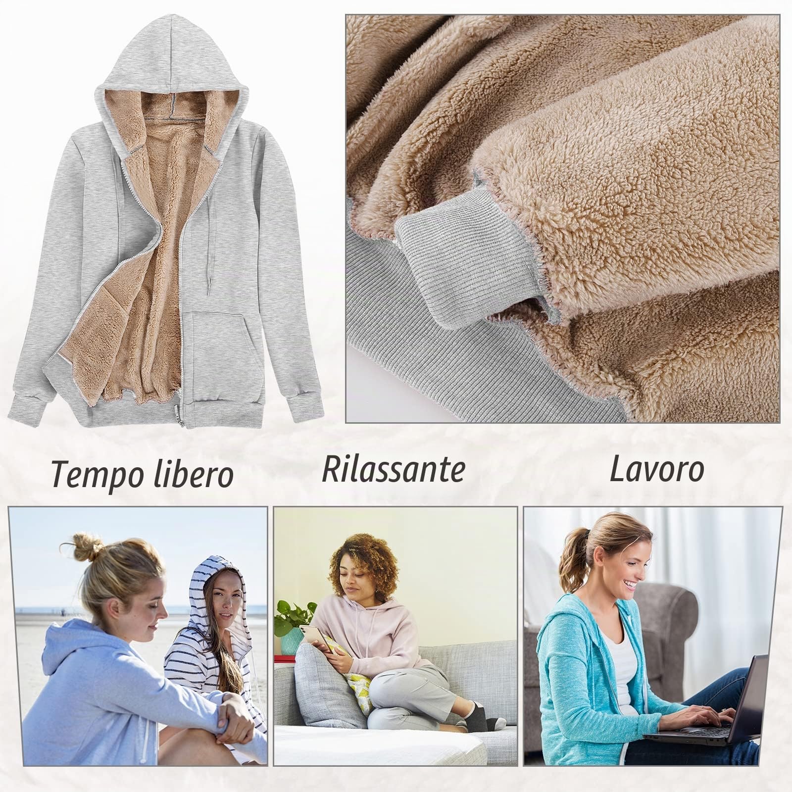 Voqeen Felpa da donna con cappuccio in tinta unita, invernale, calda, foderata, con cerniera, con cappuccio, morbida coperta in pile con tasca