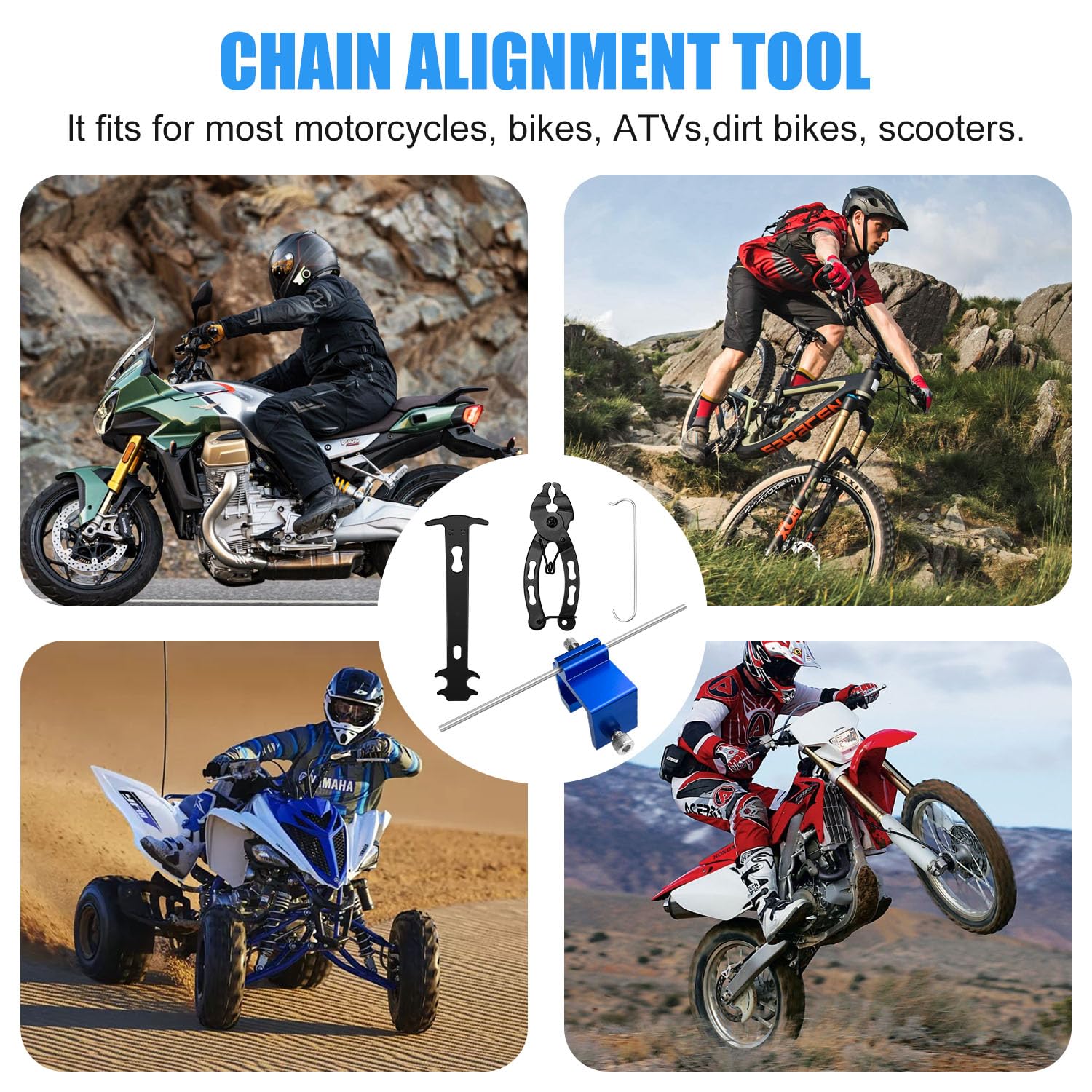 Set di 3 attrezzi per l'allineamento della catena, per moto, con catene per biciclette, rivetti e pinze per lucchetto, set di riparazione per moto, ATV e biciclette