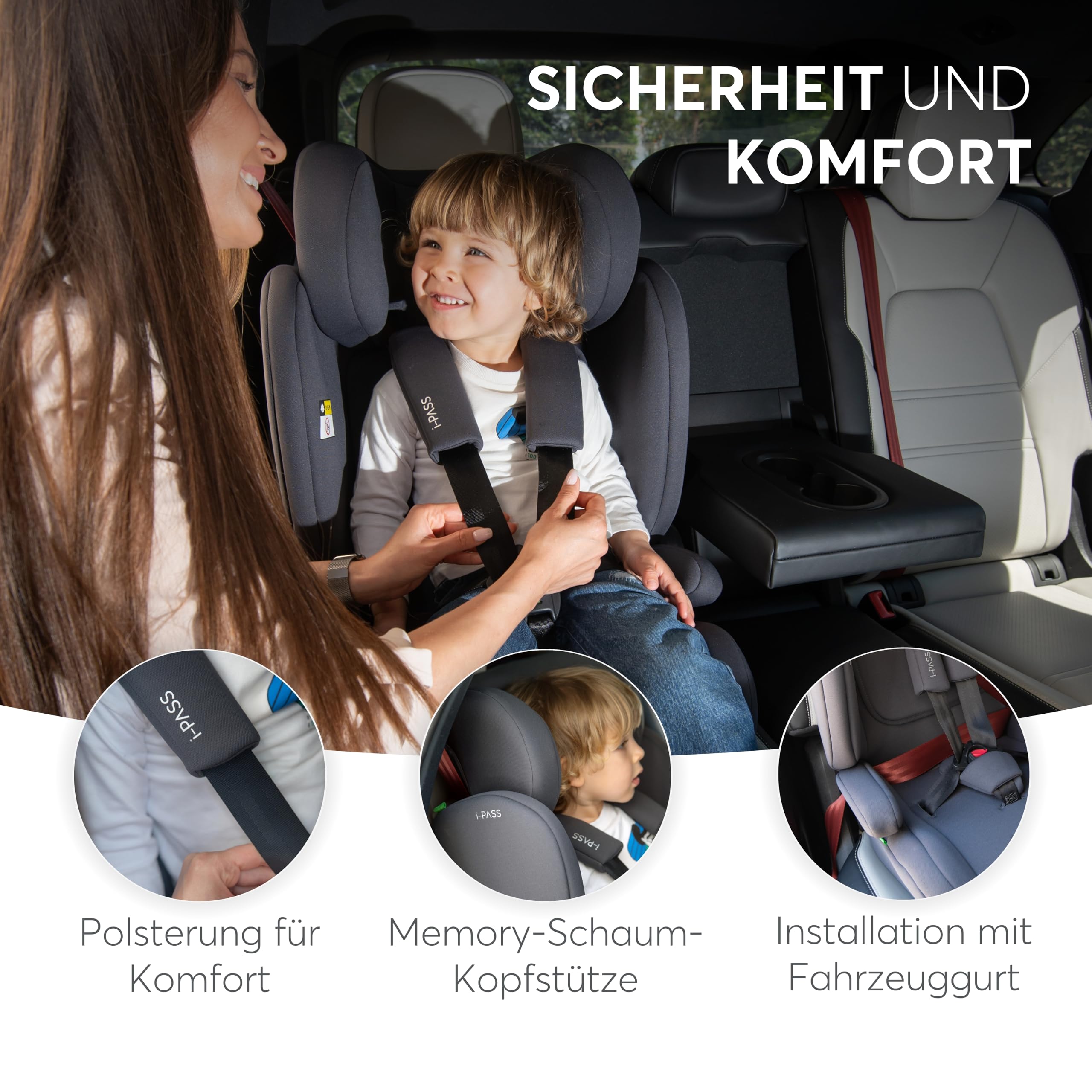 KikkaBoo Auto Kindersitz 9-36 kg i-PASS i-Size Gruppe 1/2/3 76-150 cm Schwarz