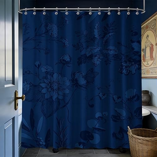 Miniatura 42 de Cortina de ducha azul marino de bosque Cortina de ducha azul oscuro de montaña y naturaleza para decoración de baño de hombres, tela impermeable con