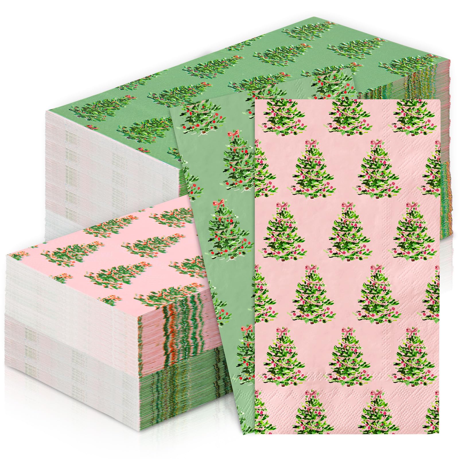 JarThenaAMCS 100 tovaglioli di carta per ospiti di Natale, colore rosa, verde, con albero di Natale, usa e getta, per la cena, per il bagno, le vacanze, le feste, la tavola