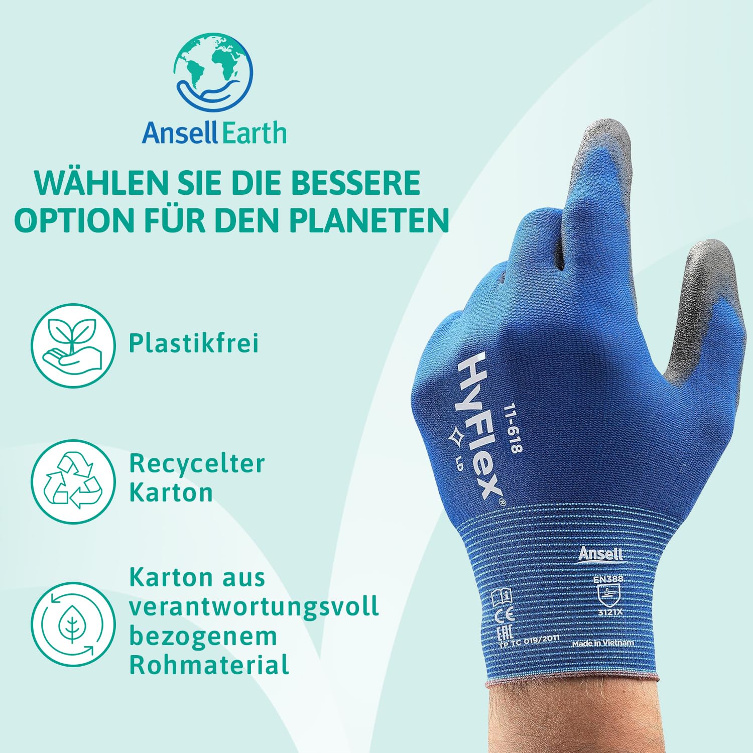 Ansell HyFlex 11-618 Mechaniker- Nylon Handschuhe, Abriebfeste Schutzhandschuhe mit PU-Beschichtung, Sicherheitshandschuhe für Präzisionsarbeiten, Touchscreen-Arbeitshandschuhe, 12 Paar, Gr. L